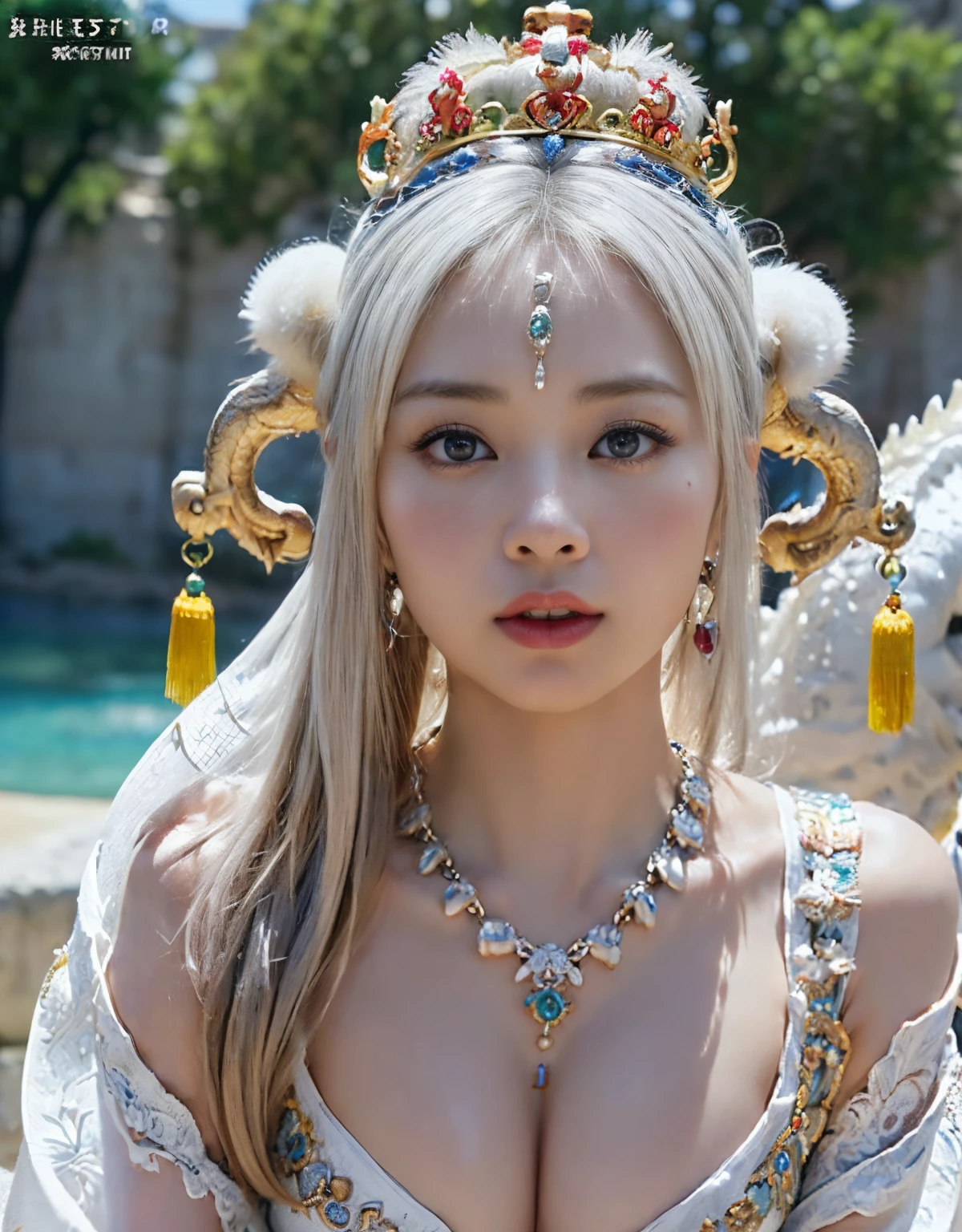 (intense chest expression),top-quality、masterpiece、超A high resolution、(Gold Dragon Armor)、(((Colossal tits)))、(((large floral ornament on the head))),(((Detailed Micro Bikini))),(Wearing a beautiful crown made of jewels),(Photorealsitic:1.4)、Raw photo、1人、(((Random hair))、(((Take different poses)))、glowy skin、(((White Chinese Dragon)))、Intricate and ornate hair ornaments、(Looks like a gorgeous jewelry necklace)、(Full Body Angle)、(fight big dragonet bikini)、((beautiful lake background)),(beautiful forest background)、Precipitous cliffs、(Castle background)、((super realistic details))、portlate、globalillumination、(sexypose)、Shadow、octan render、8K、ultrasharp、Colossal tits、Raw skin exposed in the cleavage、metals、Details of complex ornaments、Japan details、highly intricate detail、Blue eyes、Eyes shining towards the camera、Toostock、(Full Body Angle)、(veils)、(((Heavy Big))),((she is wearing a beautiful jeweled bangle.)),