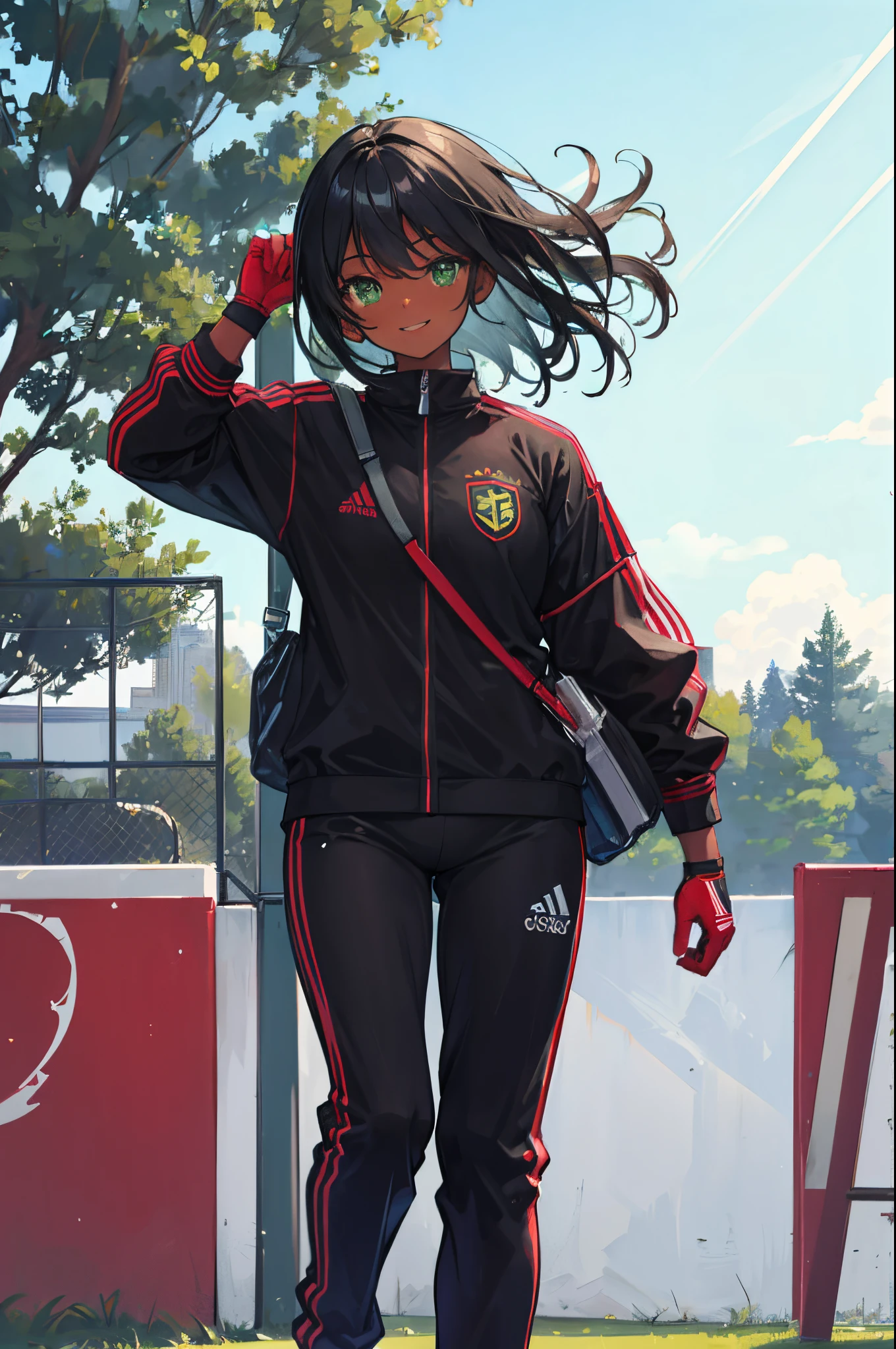 (highres:1.2),(goalkeeper),solo,black girl,black hair,smiling,Slacks,sporty clothing,soccer field, green eyes