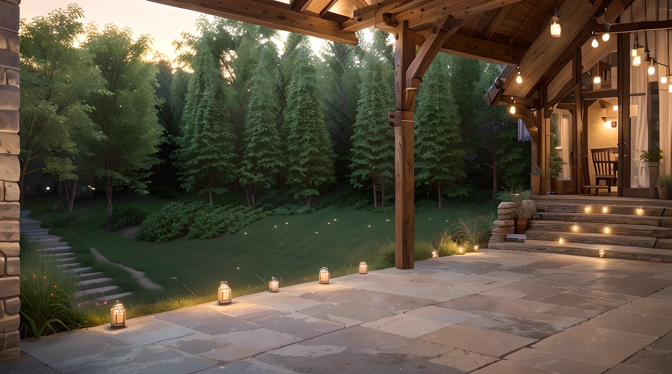 patio with arafe, Scutch, chairs and table, Cozy and calm atmosphere,cozy atmosphere in the village, photorealestic, Realistic, ultra realistis, 8k detail. Hyper-detailed scene, highly detailed scene, высокодетализированная среда,