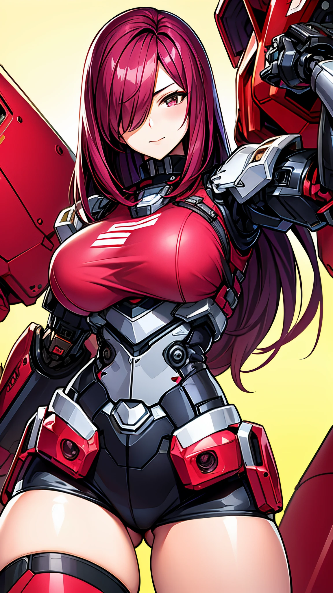 Mech with burgundy hair covering one eye with hyper realistic mechanical tits and robot panties