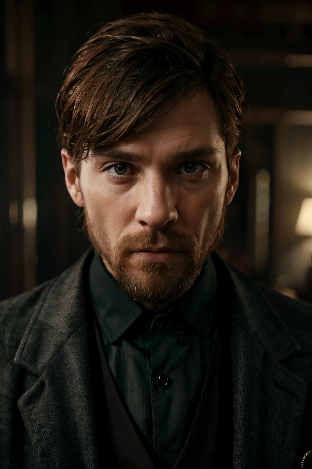 Realistic man, style Peaky Blinders, charismatique, barbe, Yeux verts, 8k, cheveux bruns,