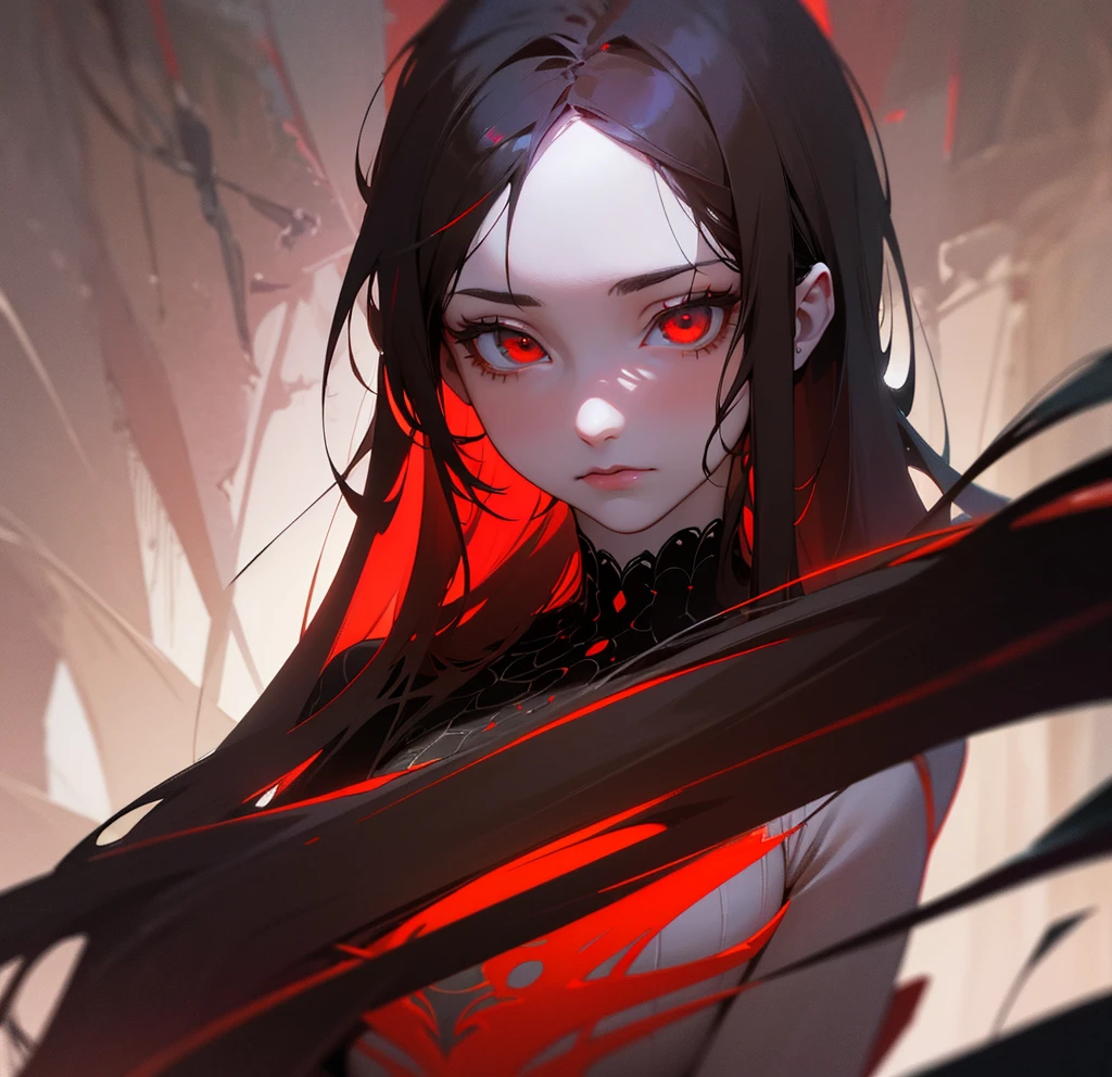 masterpiece, Score_9, Score_8_up, Score_7_up, front view, 1 woman, alone, black hair with red, long hair, parted bangs, dark red eyes, half-closed eyes, parted lips, expressionless, pale skin, large breasts, body suit, black bottom, best quality, horns up, long open bangs, black sleeveless shirt, black V-neck, red baggy pants, high heels.