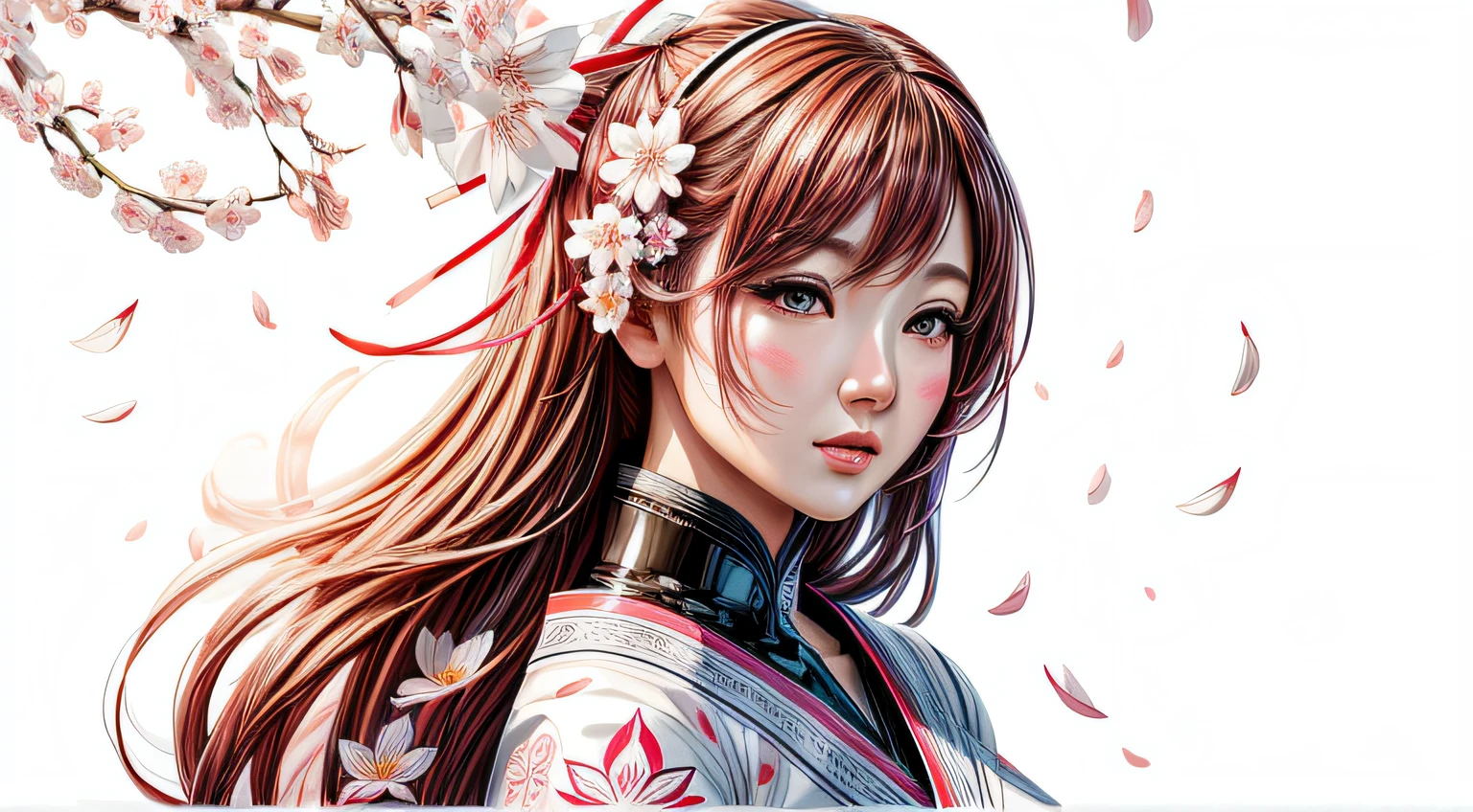 Sakura blossom woman painting on pure white background, illustration, ink, highly detailed, vector graphic