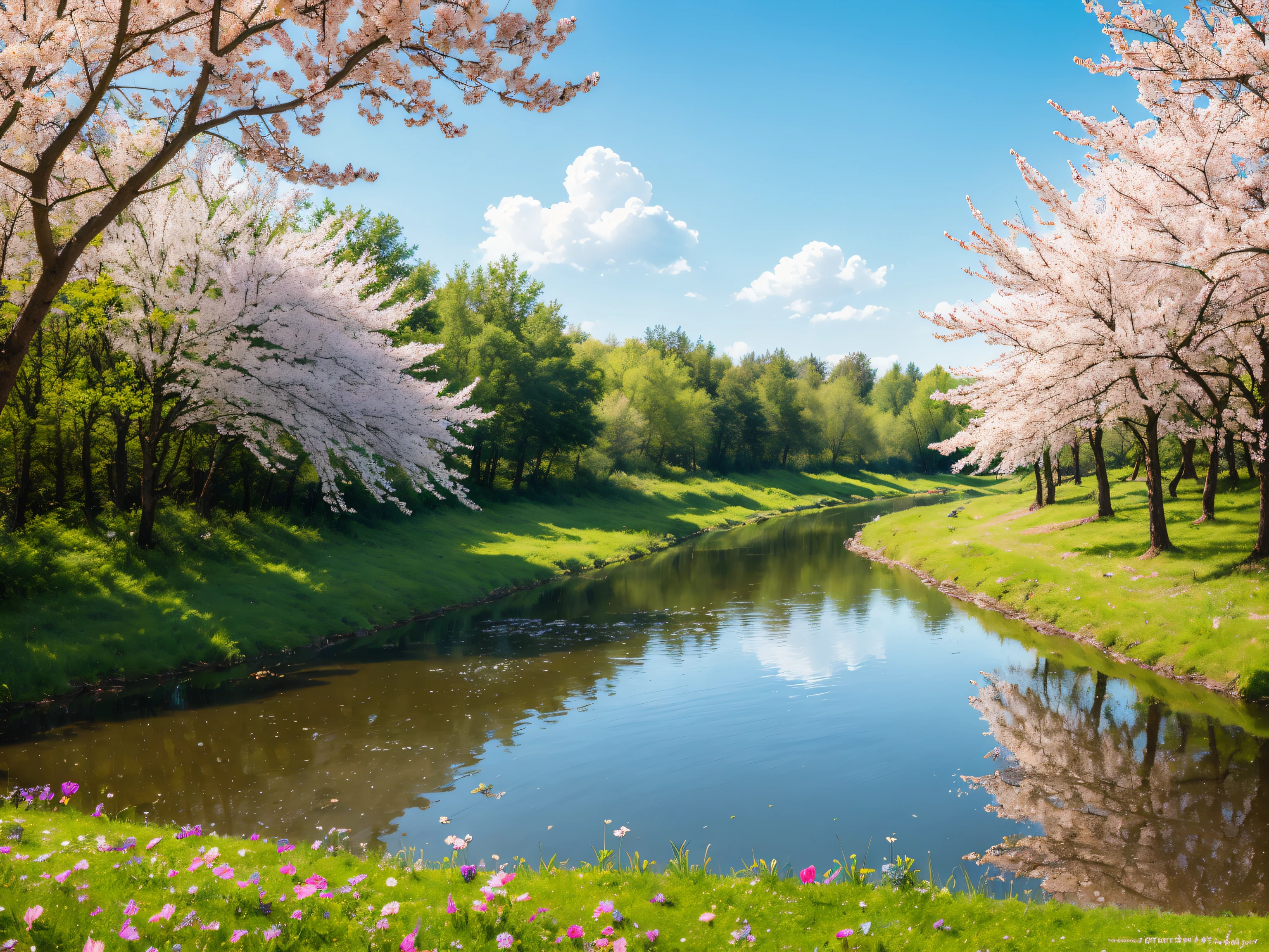 Spring scenery. Landscape of Masuria in Poland. Crystal water in the river. Spring awakening of nature, first flowers. Sunny sky. Epic, brilliant, stunning, intricately detailed, maximalist, digital painting