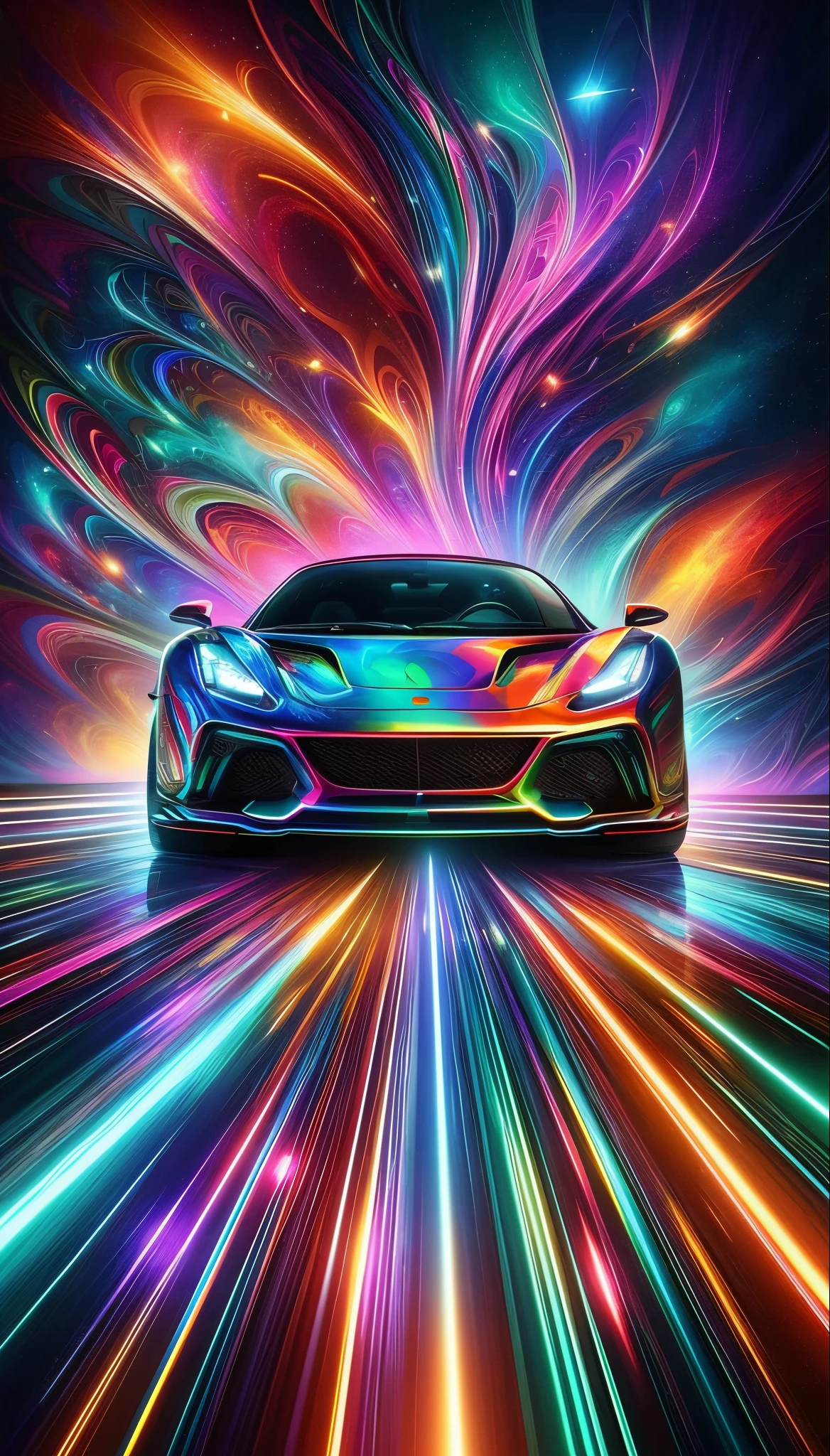 a colorful car with a psychedelic design on the front, car with holographic paint, hyper colorful, extremely colorful, super colorful, highly colorful, futuristic but colorful shading, hyper color digital art, amazing wallpaper, colorful digital painting, psychedelic color theme, wallpaper mobile, colorful and psychedelic, colourful digital art, psychedelic aesthetic, holographic design, colorful digital art, car paint