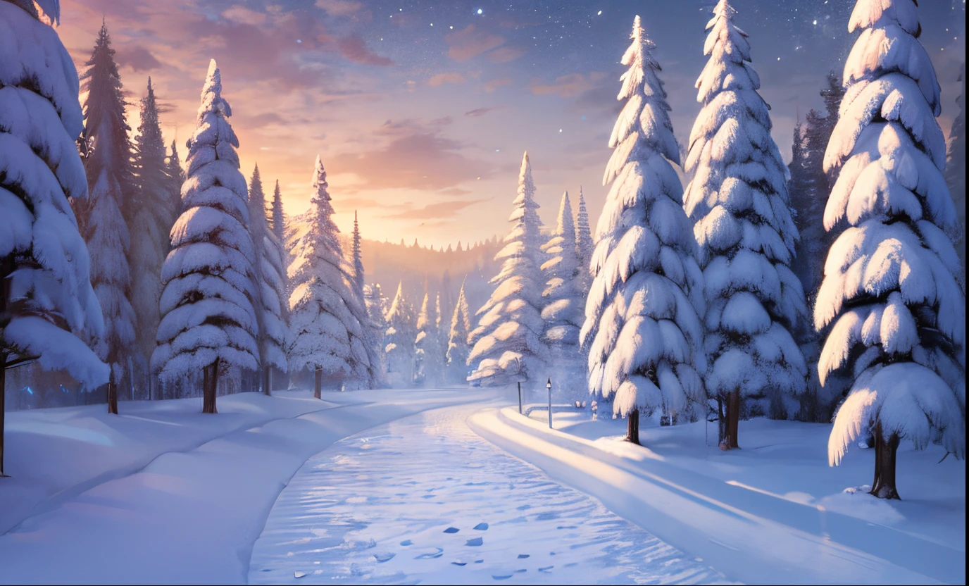 A frosted wonderland where ancient, towering trees are adorned with glistening icicles that chime softly in the breeze, and delicate snowflakes fall in a hypnotic rhythm, creating a serene forest where time seems to stand still. --auto --s2