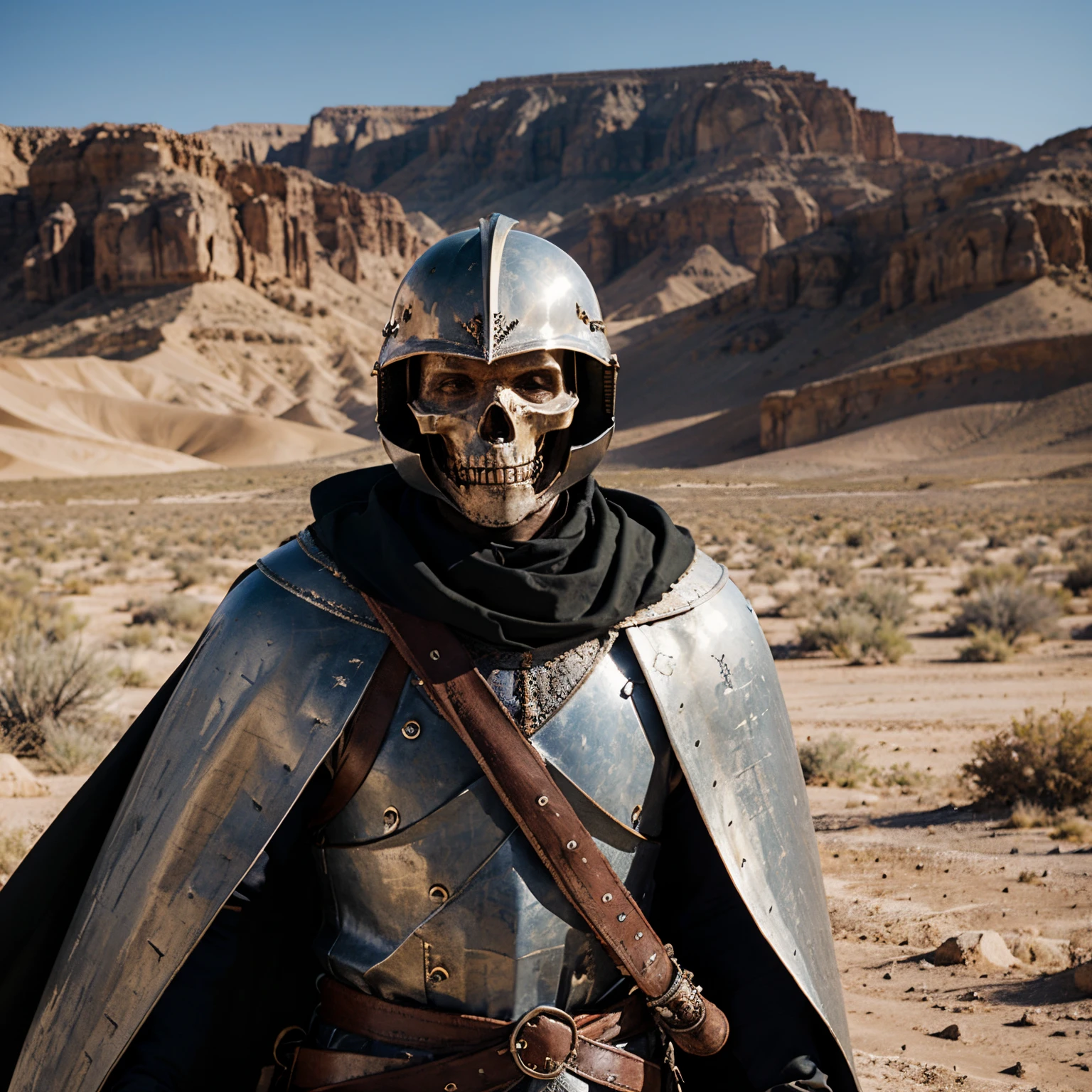 Desert landscape, knight, one sword in  hand, cape blowing in the wind, knight's helmet on the head, skeleton face, high quality, realistic