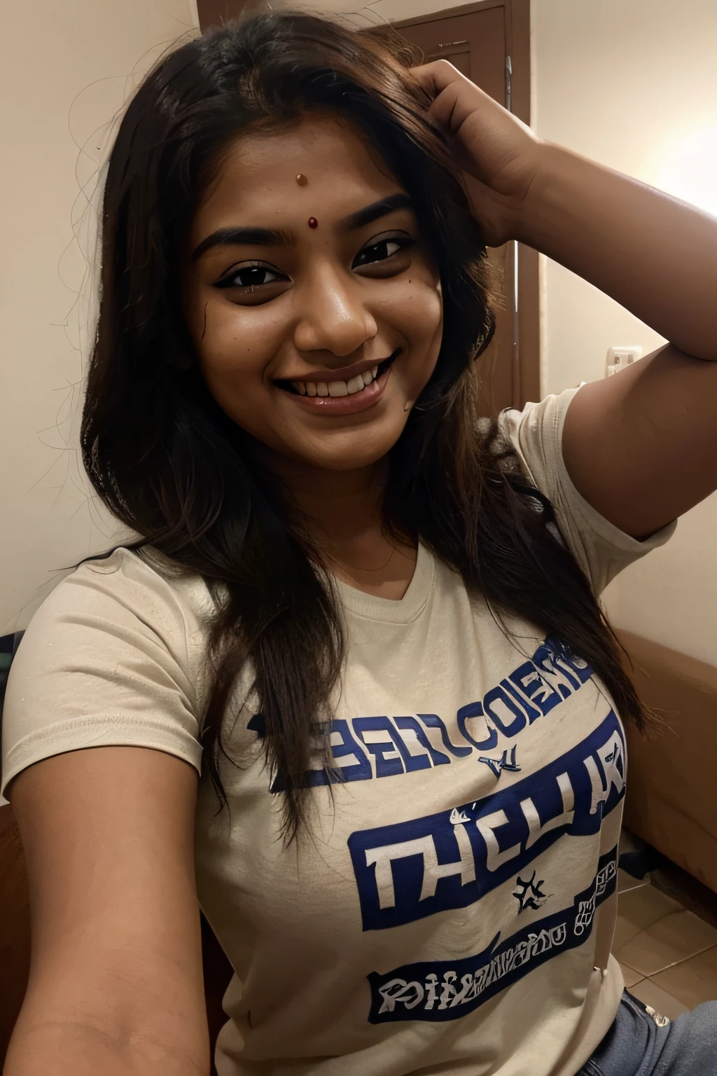 An Indian dusky girl, age of 24, laughing, wearing a t-shirt, looking beautiful, holding the camera, shot of face, closeup shot, Meera Nayak, selfie mode, taking selfie, brown girl, dusky girl