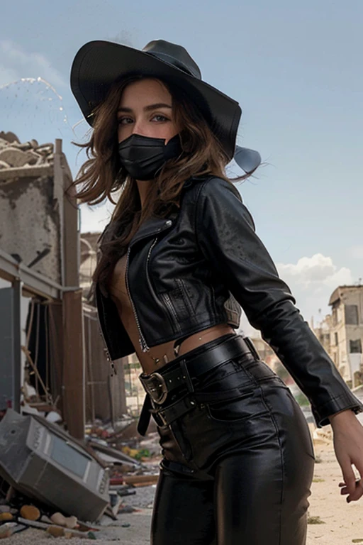 1 woman, an atomic bomb in the background, ((an atomic bomb explodes in the background, ((She runs away to avoid being hit by the bomb)), In a post-apocalyptic context, A resilient woman, in the middle of ruins, hair disheveled blonde, hair scattered and floating in the air throughout the force of the explosion, the worn physique, without makeup, the smoky eyes, the bold lips, enhance her beauty. ((the woman is wearing a black leather jacket with a metal belt and brown leather pants. He also wears a protective face mask and a wide-brimmed hat to protect himself from the sun and sand.)) Despite everything, his charm shines. Small neon lights reflect in the scene. The camera captures his entire body, showing the contrast between his strength and the harsh world, a physics-based explosion.