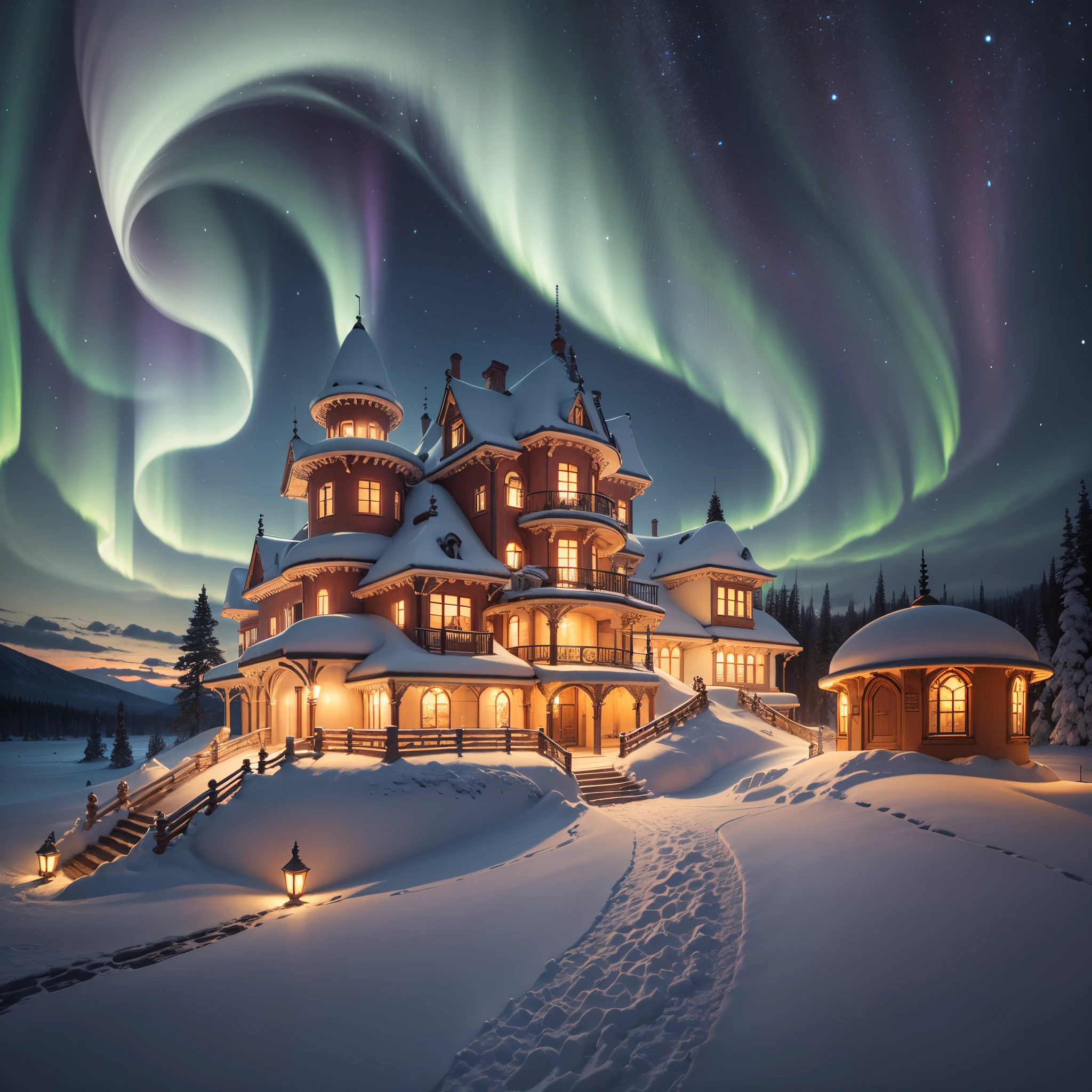 An arctic palace carved from shimmering , where the northern lights dance across the night sky, casting vibrant hues over the crystalline structures. Glowing snow sculptures of mythical creatures line the pathways, inviting you to explore a realm where  and magic coalesce. --auto --s2