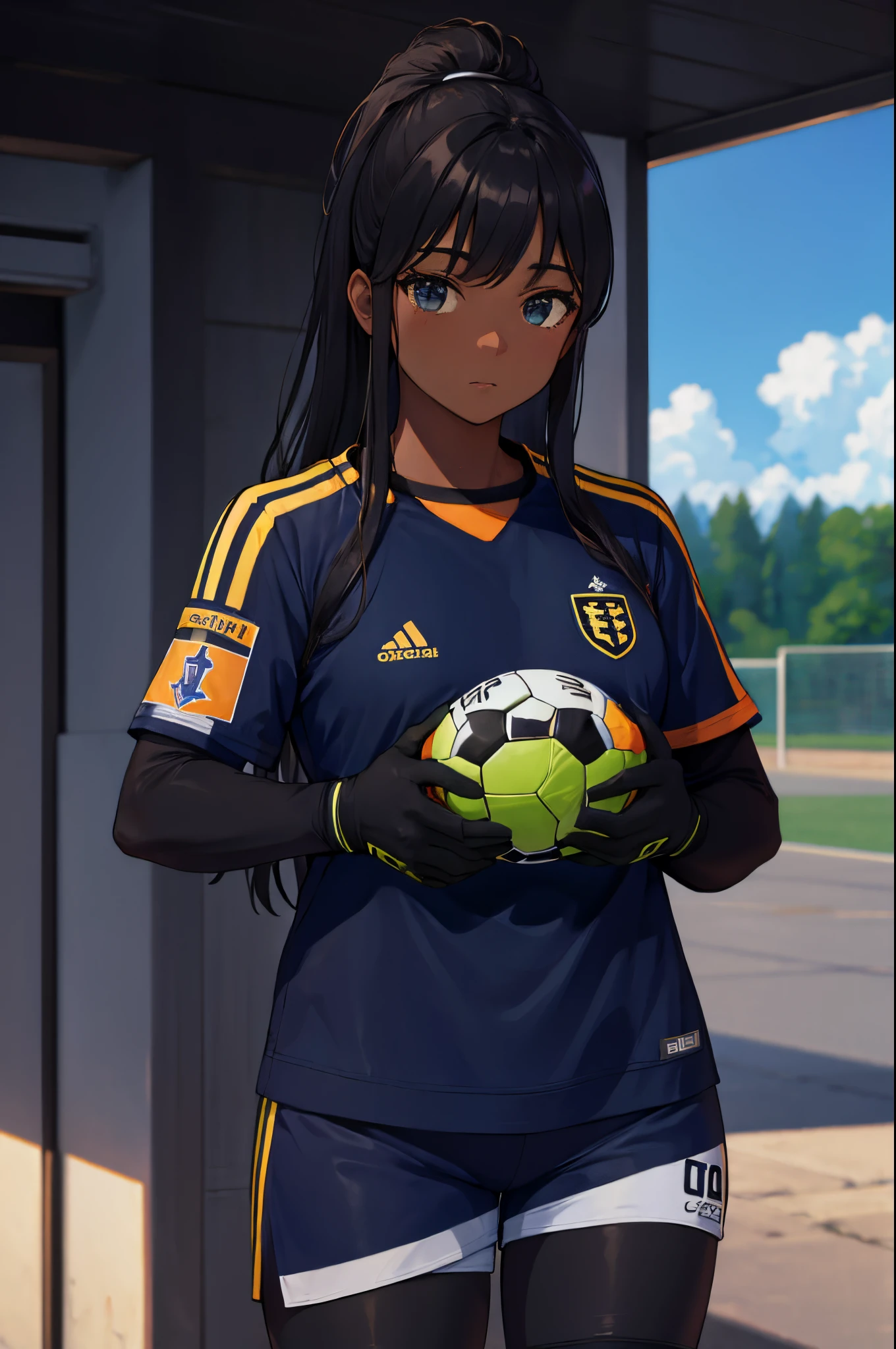 (highres:1.2),(goalkeeper),solo,(black girl),soccer uniform