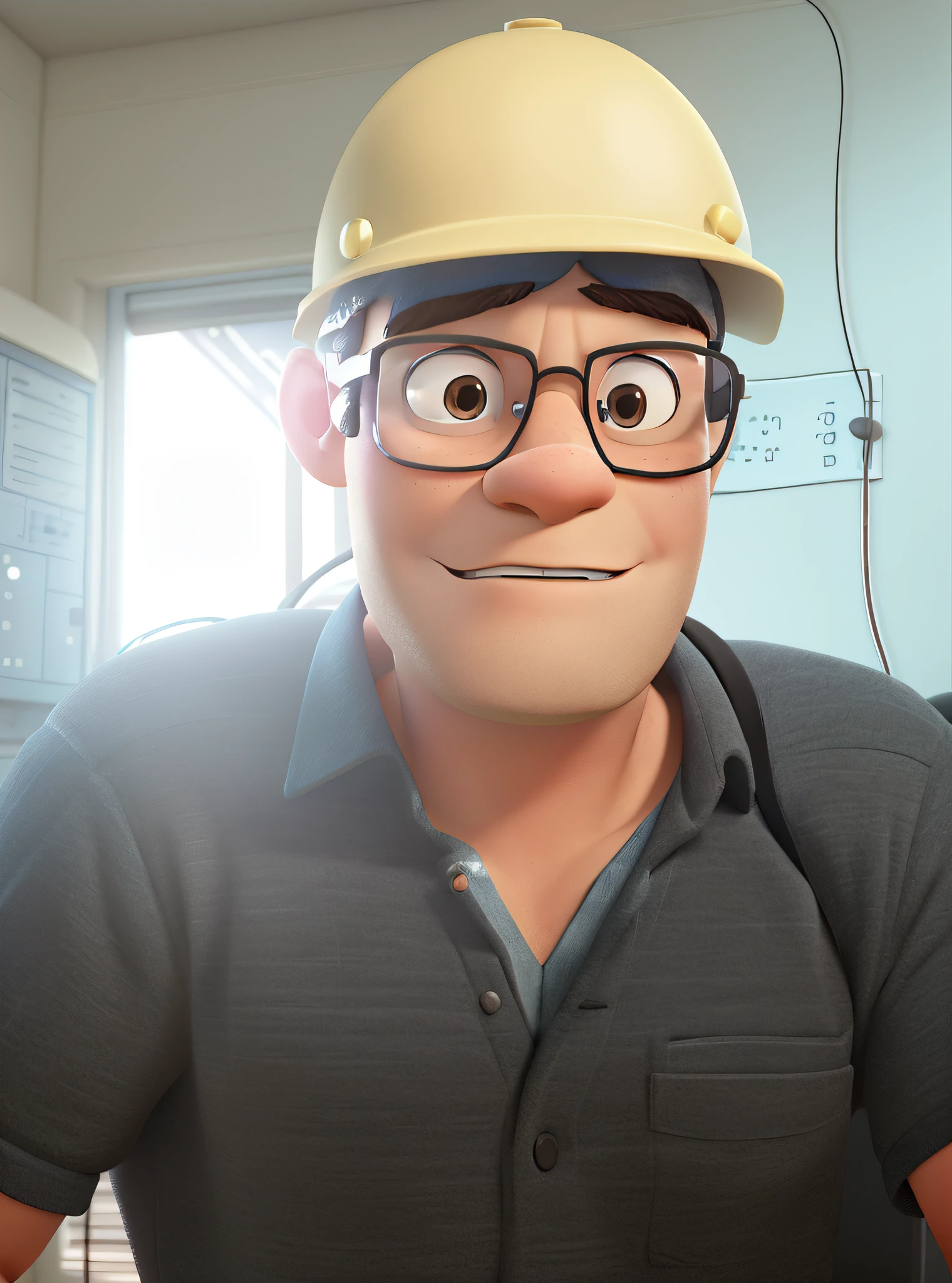 cartoon character of a man with black glasses helmet and electrician shirt, animation character, Caractere estilizado, animation style rendering, 3D estilizado, Arnold Maya render, 3 d render stylized, toon render keyshot, Personagem 3D, Personagem 3D, 3d rendering stylized, 3 d character render, personagem de desenho animado, Personagem de close up, Pose de personagem,  (Estilo Pixar) (master part:1.2) (Bokeh) (best quality) (pele detalhada) (textura detalhada) (8k) (argila) (Cinematic lighting) (foco nítido
