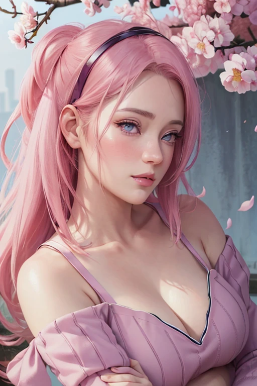 masterpiece, absurdres, sakura\(boruto\), 1girl, solo,mature female, Off-shoulder purple knit crop top, looking at viewelling petals), perfect composition, detailed lips, big breast, beautiful face, body propotion, blush, (pink lips), long hair, purple eyes, soft gaze, super realistic, detailed, photoshoot, realistic face and body