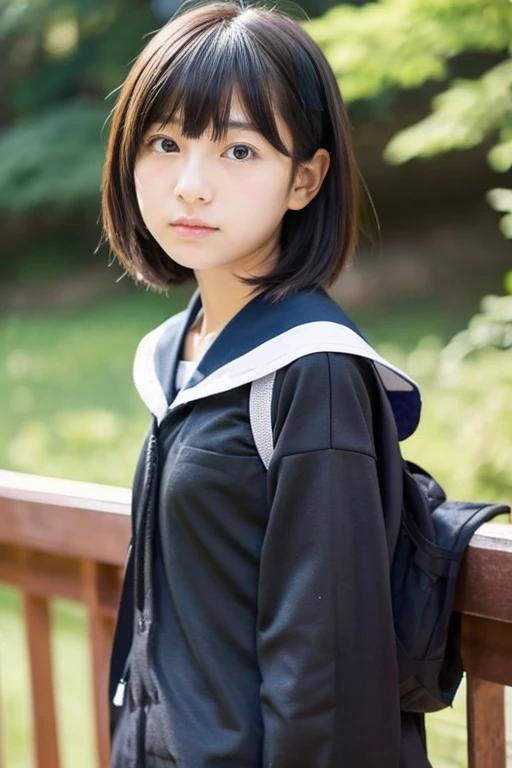 Japan beautiful girl、ars、Slender body、serious facial expression、Bery short hair、((student clothes))、