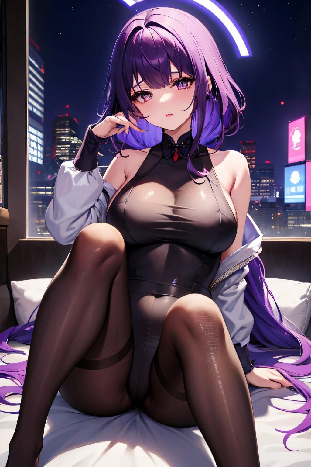 1人, Beautiful face, lila Haar, pantyhose Bodysuit, bedeckter Bauchnabel, lila Augen, Hüftwind, niedlich, Schauen Sie sich den Viewer an, Night Town, Neon, Legs, feet