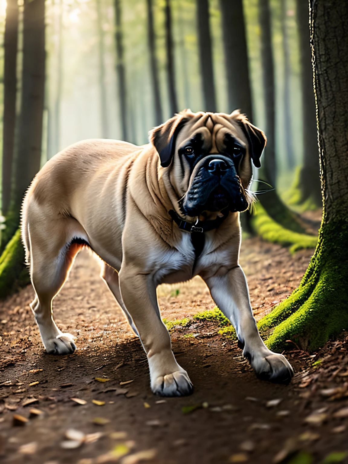 Close-up photo of a female French Bulldog, Color fawn brown fur bouncing very beautiful in the forest、luz de volume suave、(back lighting:1.3)、(cinemactic:1.2)、detalhes intrincados、(art stations:1.3)、Rutkowski
