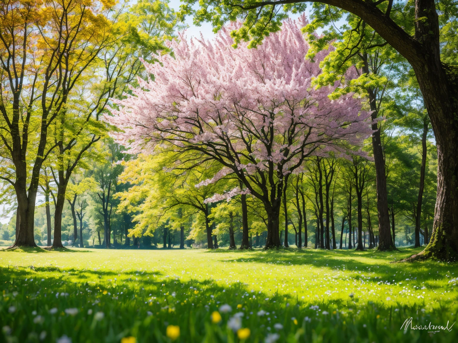 Spring scenery. Landscape of Masuria in Poland. The time of year is May. Opening. Nature awakening. Flowers in the glade, first leaves. Sunny sky. Epic, brilliant, stunning, intricately detailed, maximalist, digital painting