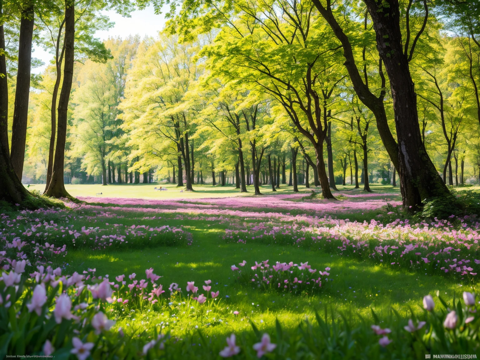 Spring scenery. Landscape of Masuria in Poland. The time of year is May. Opening. Nature awakening. Flowers in the glade, first leaves. Sunny sky. Epic, brilliant, stunning, intricately detailed, maximalist, digital painting