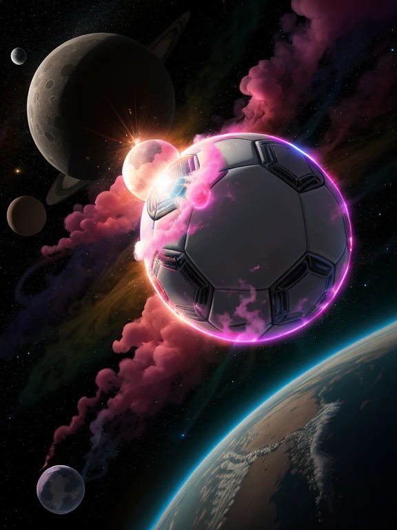 a photo realistic soccer ball as a planet in space with pink smoke and explosions, with 2 moons in the background, digital art