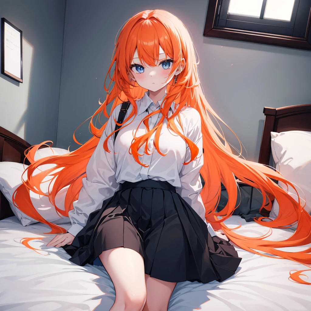 1girl, long orange hair, light blue eyes, wearing plain white shirt, black skirt, bedroom, absurdres, high res, ultrasharp, 8K, masterpiece, looking at viewer