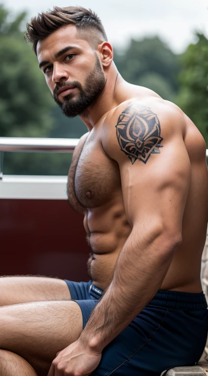 masterpiece, best quality, high resolution, closeup portrait, male focus, solo focus, muscular, burly, hairy, male, a white British man, a rugby player, 18 years old, perfect body, dark skin, body hair, facial hair, a football field in the background, full body, amazing composition, front view, HDR, volumetric lighting, ultra quality, elegant, highly detailed, tattoos