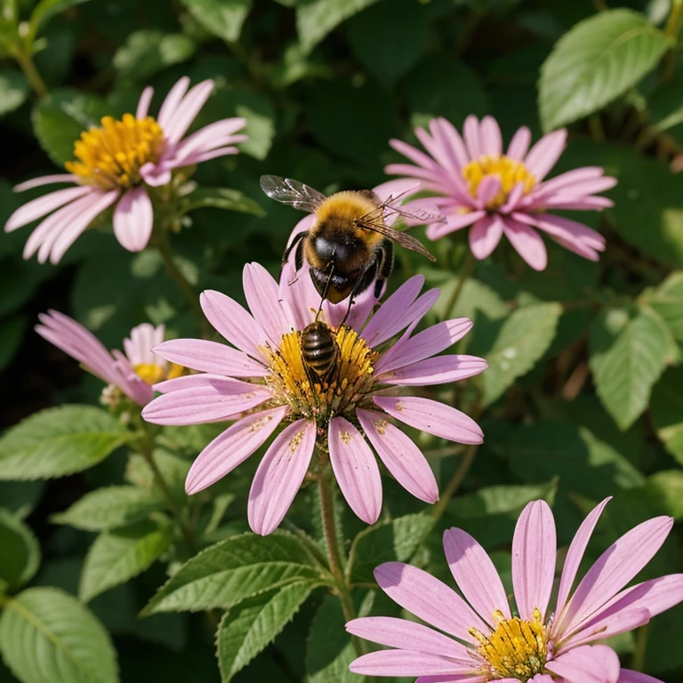 a close-up of a bee pollinating a flower, the bee is covered in pollen, and its wings are beating rapidly as it gathers nectar from the flower, the flower is colorful and delicate, with petals of various shades of pink, purple, and yellow, the bee is shown in great detail, with the texture of its fuzzy body and the hairs on its legs visible, in the background, a garden is shown in full bloom, purple honey leaking on the flower,