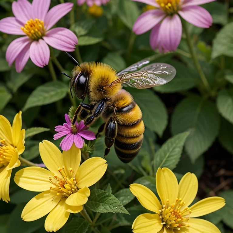 a close-up of a bee pollinating a flower, the bee is covered in pollen, and its wings are beating rapidly as it gathers nectar from the flower, the flower is colorful and delicate, with petals of various shades of pink, purple, and yellow, the bee is shown in great detail, with the texture of its fuzzy body and the hairs on its legs visible, in the background, a garden is shown in full bloom, purple honey leaking on the flower,