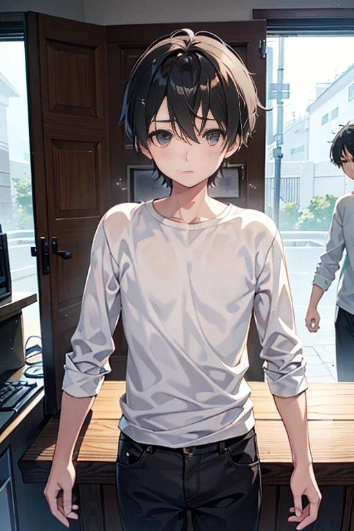 creation、dust particles、everyday boy、 Transparency、 natural soft light、(((1boys))),(a cool、cute little), Light brown skin, grey eyes, Black hair、eyesight、Winters、breezing、skinny body、For Me、daily、Thick、Strongest configuration、smooth anime cg art、enjoyably、Take it easy