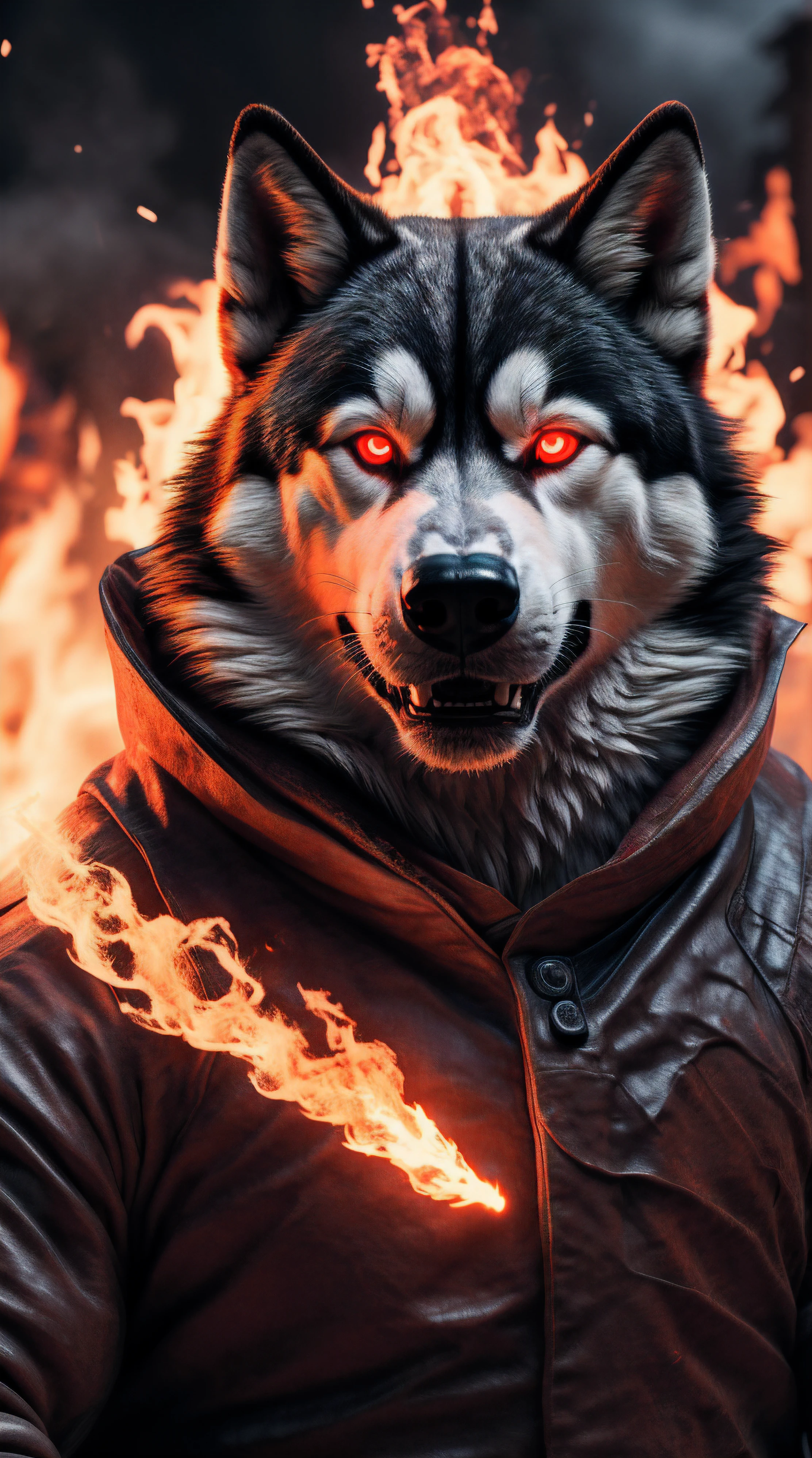 (best quality,16k,32k,Altas,master part:1.2),ultra-detalhado,(Realistic,fotorrealista,photo-realistic:1.37),(Husky Siberiano Orochi definitivo) glowing red eyes realistic fire background of New Mexico totally destroyed in flames alone looking at camera serious expression.