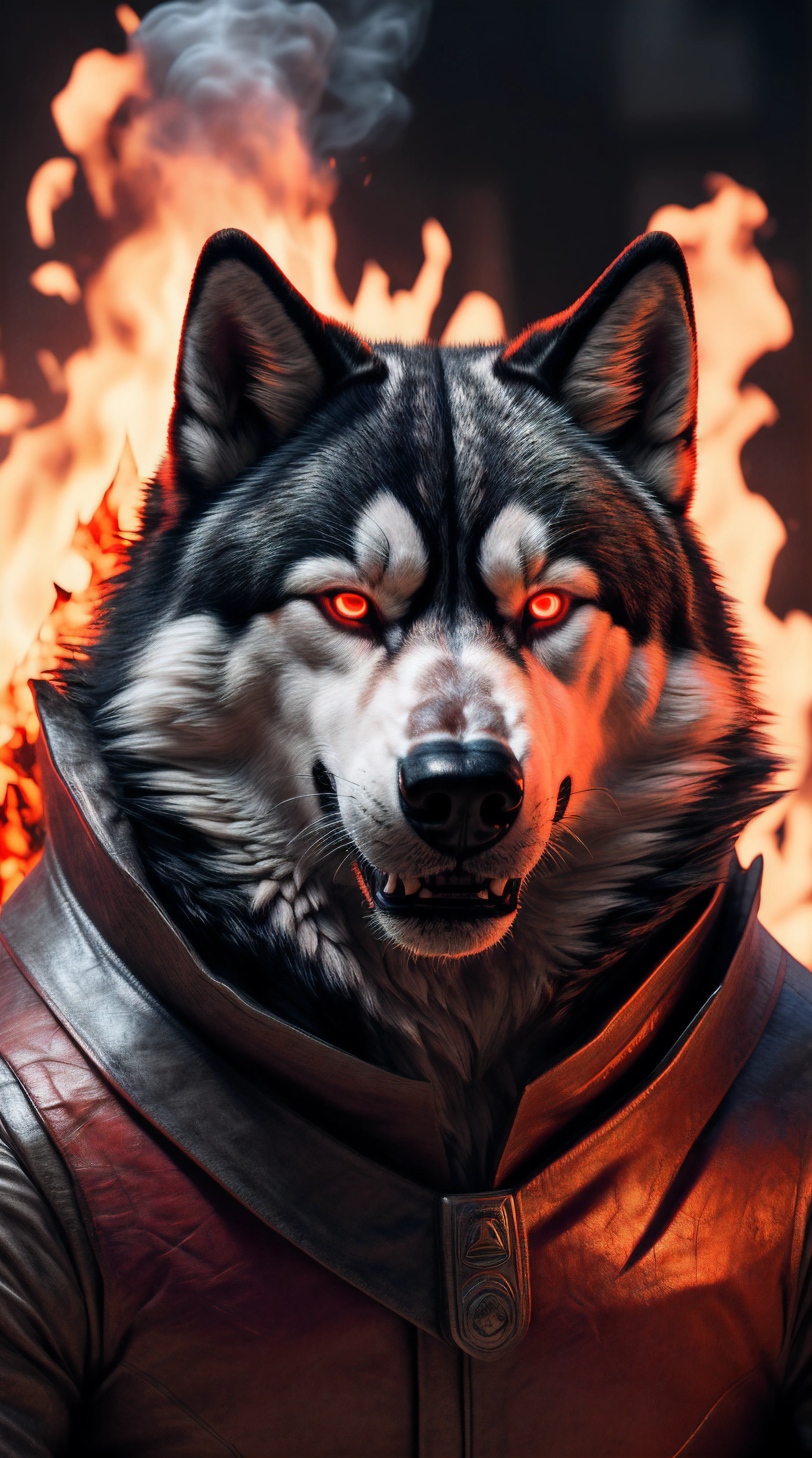 (best quality,16k,32k,Altas,master part:1.2),ultra-detalhado,(Realistic,fotorrealista,photo-realistic:1.37),(Husky Siberiano Orochi definitivo) glowing red eyes realistic fire background of New Mexico totally destroyed in flames alone looking at camera serious expression.