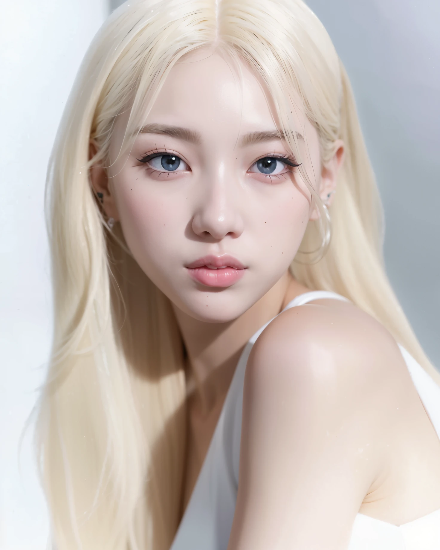 um close up de uma mulher com longos cabelos loiros e um top branco, pale glowing skin, pale porcelain white skin, kim jennie, he clear pale!!, pale hair, kim jennie do Blackpink, ivory pale skin, pele branca leitosa, pale snow white skin, maquiagem sul-coreana popular, albino white pale skin, extremely pale blond hair