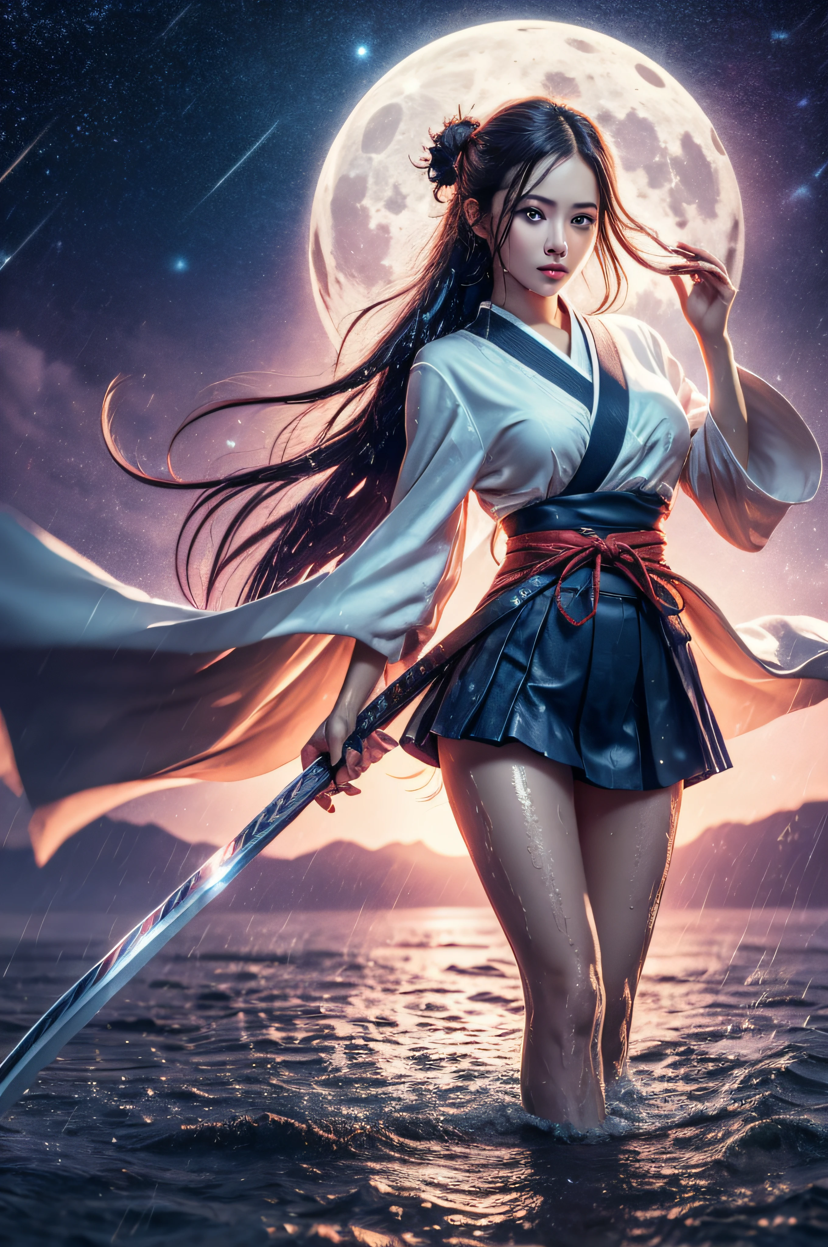 The King of Swords,Female swordsman,Long ponytail,Dressed in white,cherry blossom scattering,Full moon night,ultra - detailed,Swing the long sword