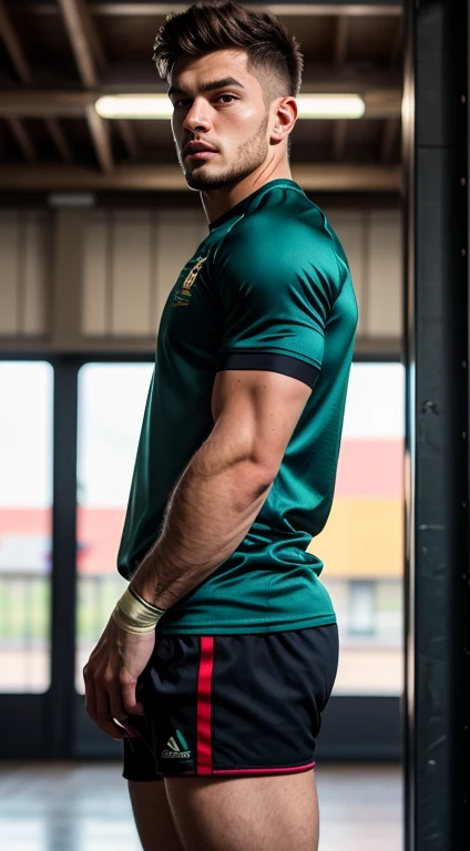masterpiece, best quality, high resolution, closeup portrait, male focus, solo focus, muscular, burly, hairy, male, a white young man, a rugby player, 18 years old, perfect body, dark skin, no hair,, a football field in the background, full body, amazing composition, front view, HDR, volumetric lighting, ultra quality, elegant, highly detailed