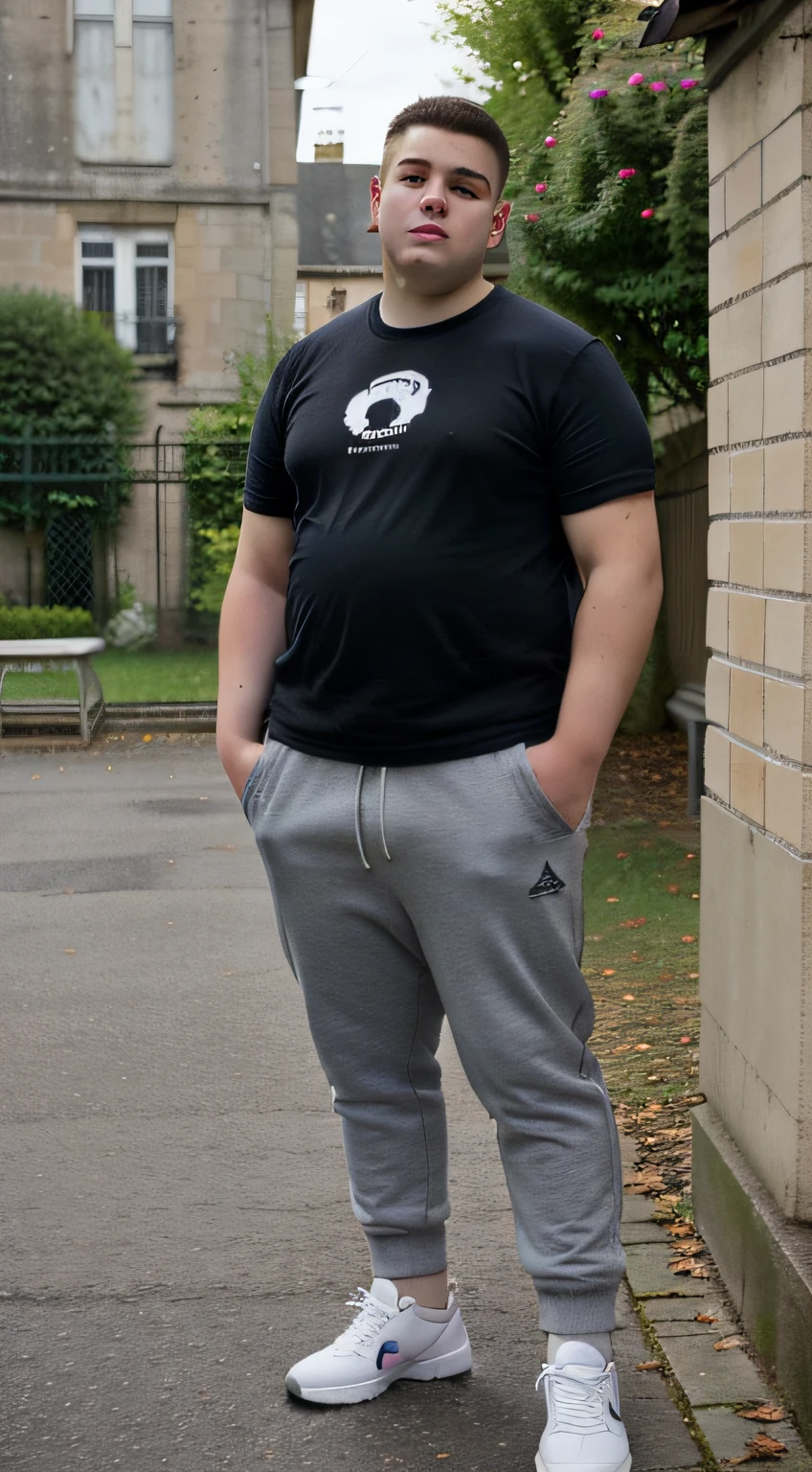 18 year old adolescent garçon, very short hair, shaved beard, dans l'morbid obesity, poids environ 200 kilogrammes, renter debuts bras croisés, avec un t-shirt gris, un jogging noir et des chaussures gris clair, gives a beautiful piece
