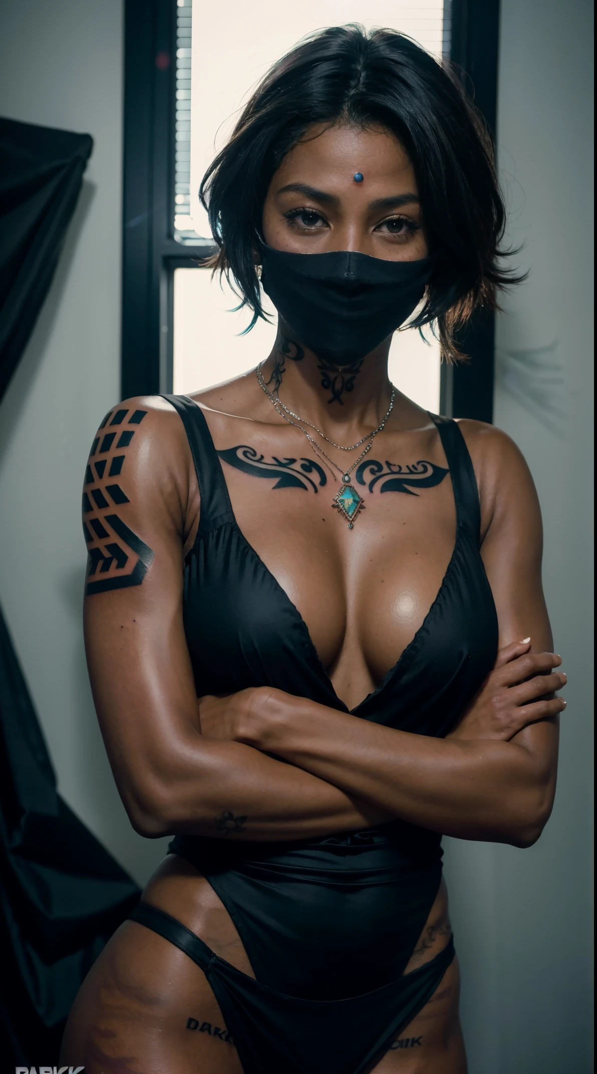 40 years old, gorgeous cute  Mexican girl, smirk, freckles, polaroid photo, (medium wolf cut hair style), (dark skin:1.8), Create the image of a adult woman of 40 years, Thai, handsome, who has silver and bright eyes, he is a sorcerer, from the narix up he wears a black mask and wears black gala clothes, behind him, rising in the night, has a Victorian mansion of stone. NIGHT SCENE, crossed arms, famous beautiful model, good young girl, (masterpiece:1.0),(best_quality:1.0), ultra high res,4K,ultra-detailed, photography, 8K, HDR, highres, absurdres:1.2, Kodak portra 400, blurry background, bokeh, lens flare, (vibrant_color:1.2),professional photograph, (the_tattoo:1.4), (beautiful_face:1.5),(narrow_waist). --v 6