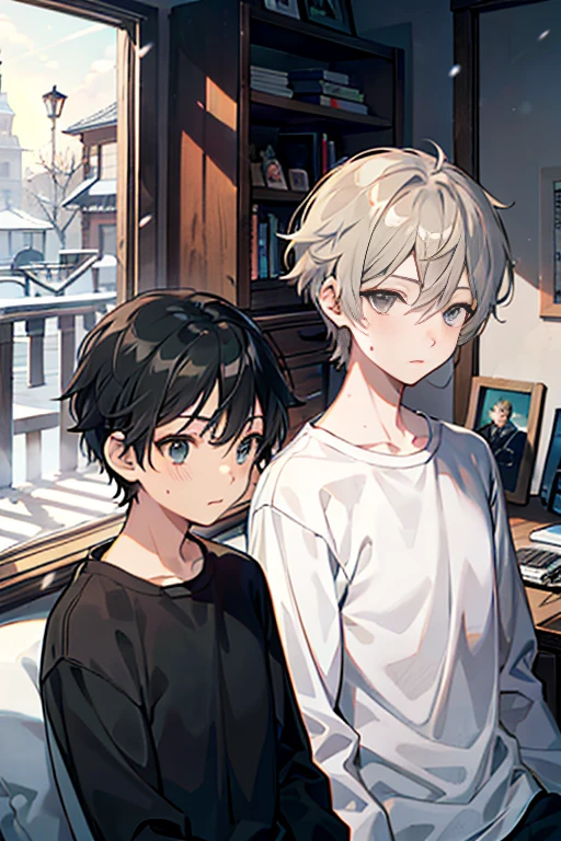Generate a photo,Best quality, tmasterpiece, A boy sits on a sofa, A little girl sits on the boy's lap, The boy is 18 years old，Tall, Short gray hair and blue eyes, Express pleasure, The girl is short in stature, Short white hair, Blue eyes, The expression is worried