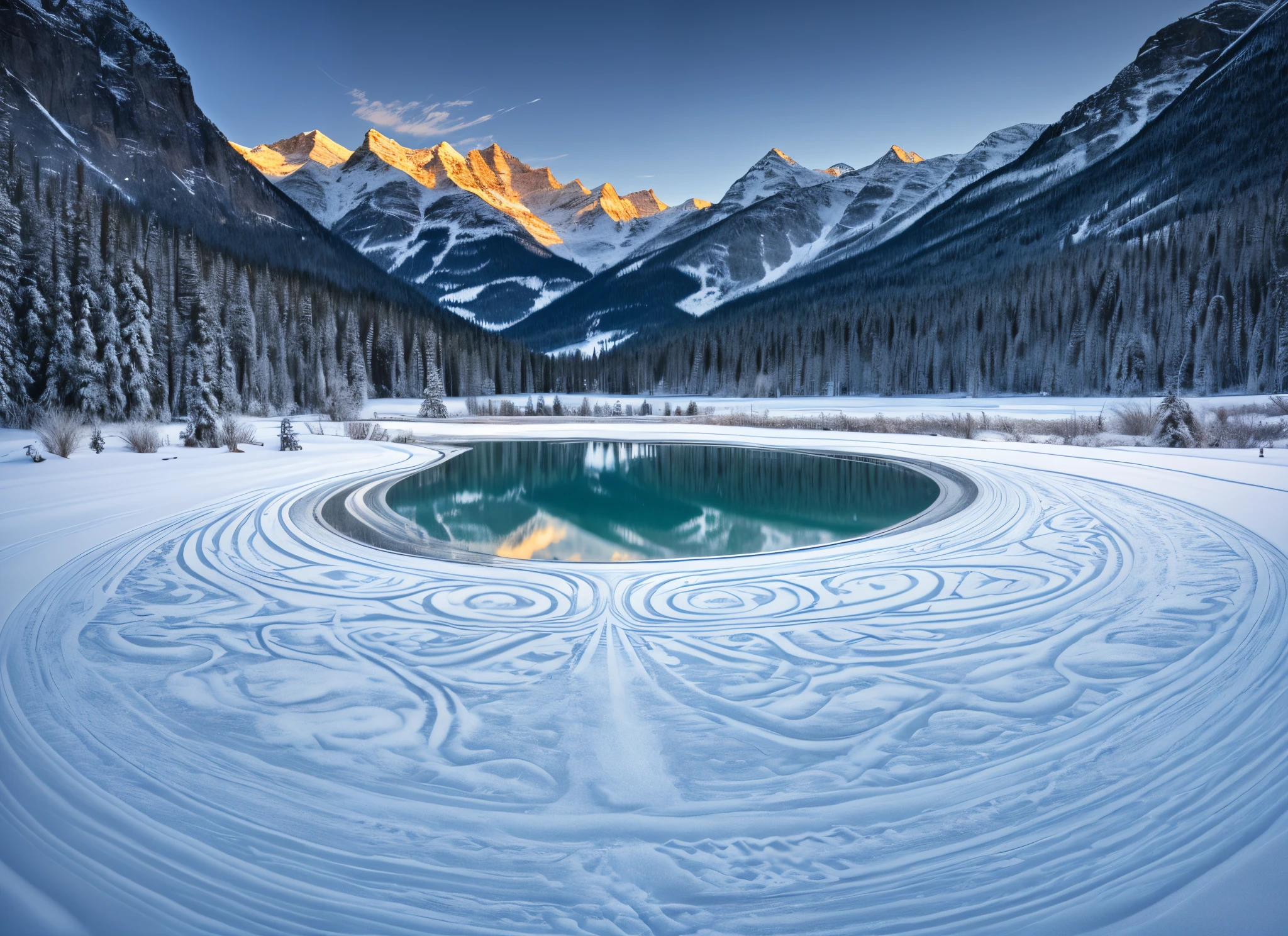 9:16 format, A surreal frozen lake surrounded by majestic mountains, where the is etched with intricate patterns resembling a celestial tapestry. As you step onto the frozen surface, the snow beneath your feet sings a melodic tune, echoing the quiet majesty of this enchanted winter landscape. --auto --s2