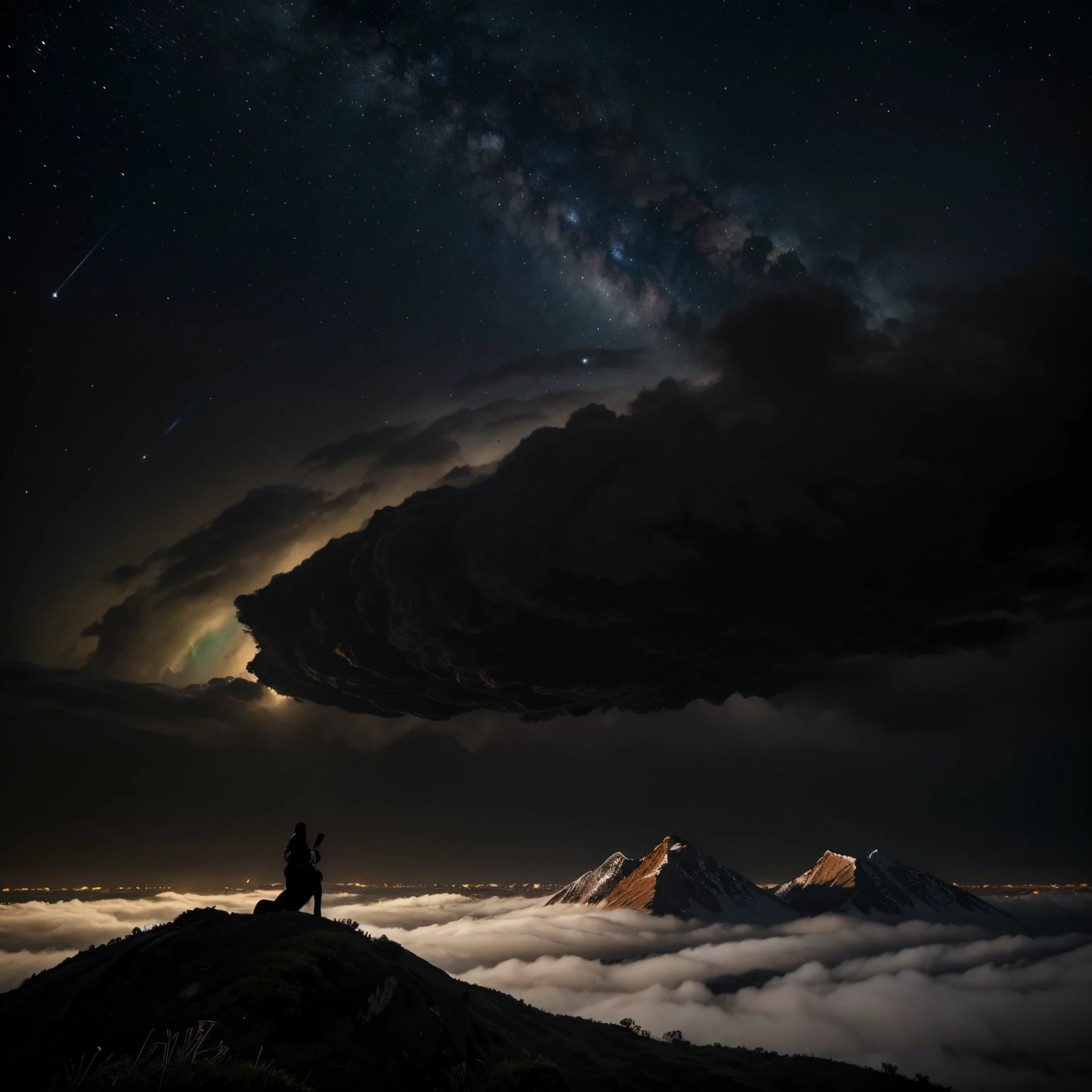 Um gato preto do lado direito da imagem, uma montanha escura de fundo, Multi-cloud, bastante chuva, e uma pessoa misteriosa em cima de uma montanha de fundo (em 2d)