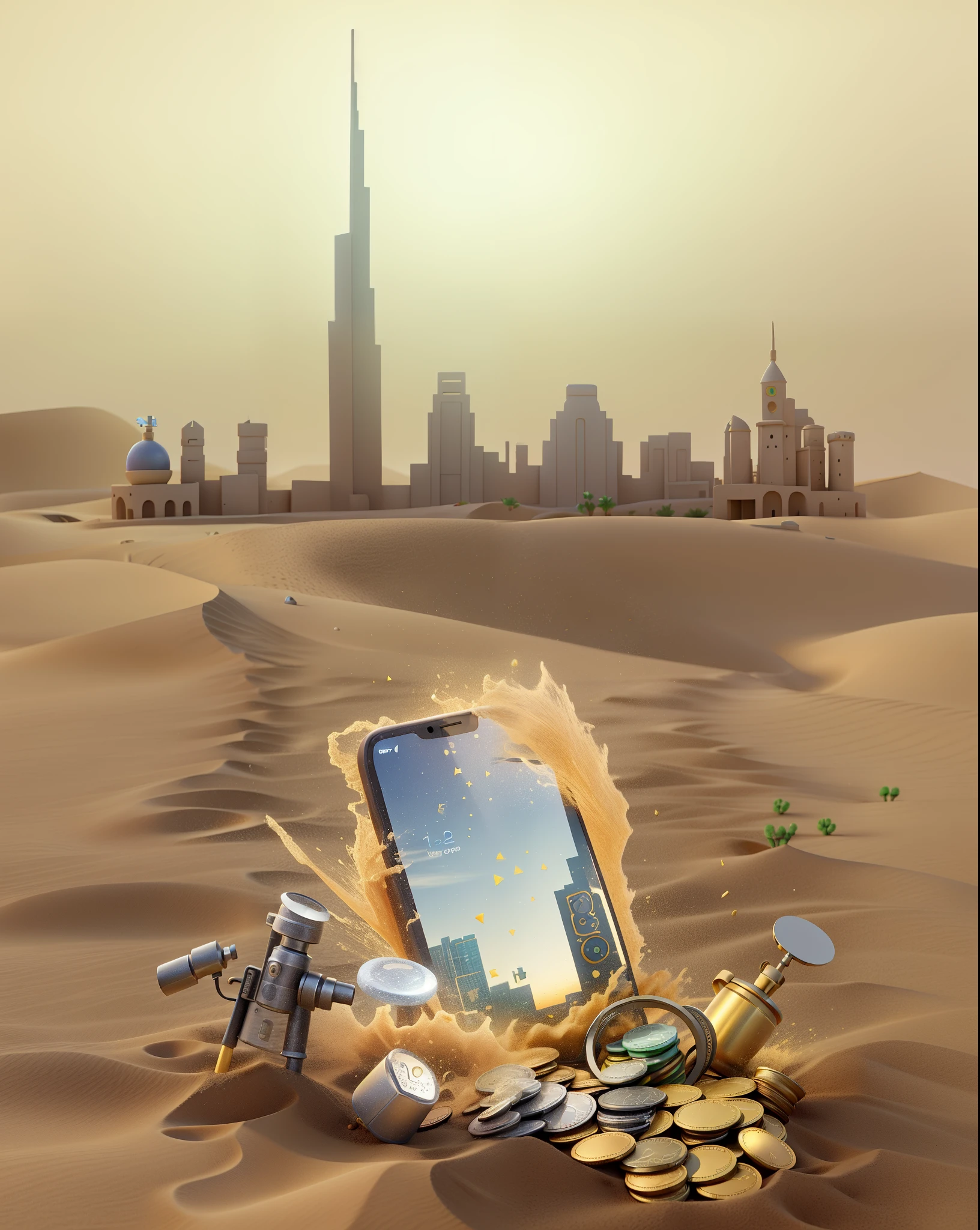 An upside-down iPhone falling into the sand, He has the flashlight turned on, angled upwards, the iPhone has sand around it, kind of falling into the sand and there is also a bag of money and coins around the bag and in front of the iPhone there is a time and an open pot with coins coming out, These items are in the desert and at the bottom of the desert there are buildings similar to those in Dubai, create the art as it is similar to the photo I sent in the Disney Pixar universe mode in high quality