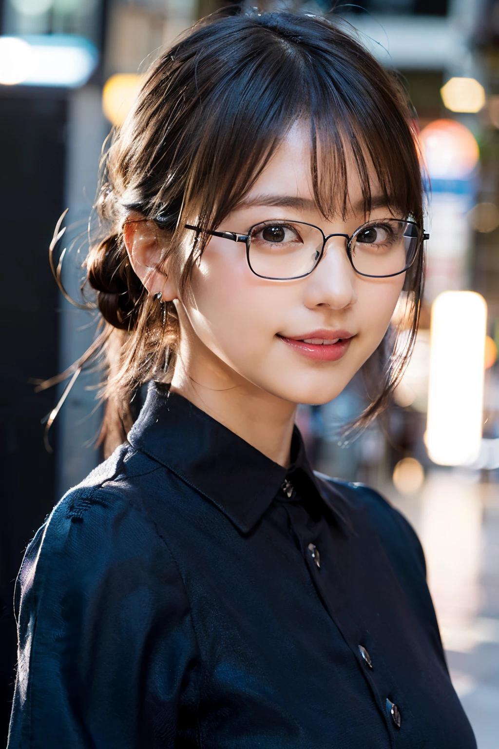 (8K、Raw photography、top-quality、​masterpiece:1.2)、(realisitic、Photorealsitic:1.37)、ultra-detailliert、超A high resolution、1人、see the beholder、beautifull detailed face、A smile、Constriction、(Slim waist) :1.3)、((Light blue shirt clothes Beautiful delicate skin、Skin Texture、Floating hair、((Hair bunched into one))、large breasts with good shape、Professional Lighting、In front of the station at noon、((Black square glasses))、Whole human body、Brown hair、((I&#39;m on the phone))、