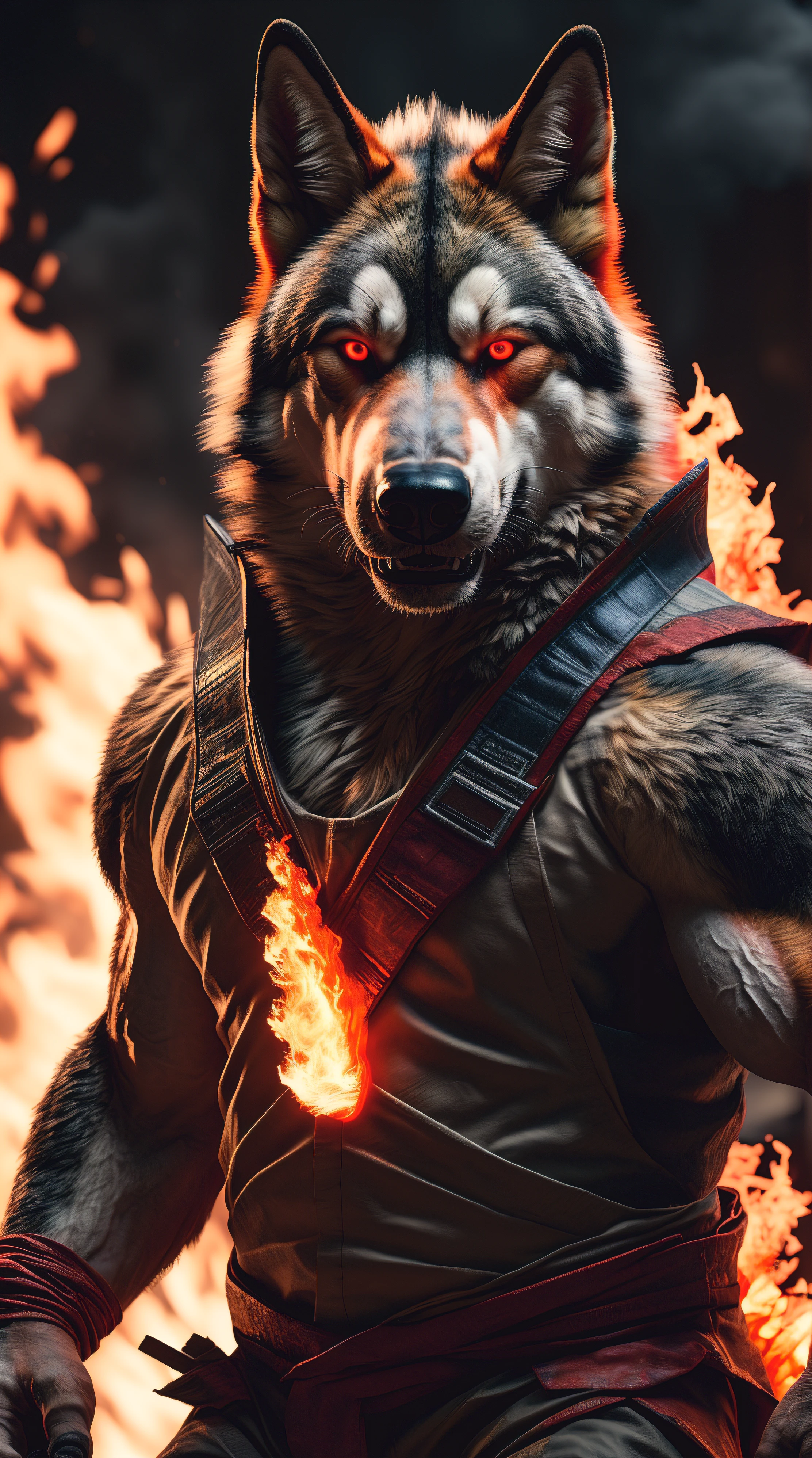 (best quality,16k,32k,Altas,master part:1.2),ultra-detalhado,(Realistic,fotorrealista,photo-realistic:1.37),(last Czechoslovakian wolfdog Orochi) glowing red eyes realistic fire background of Japan totally destroyed in flames alone looking at camera serious expression.