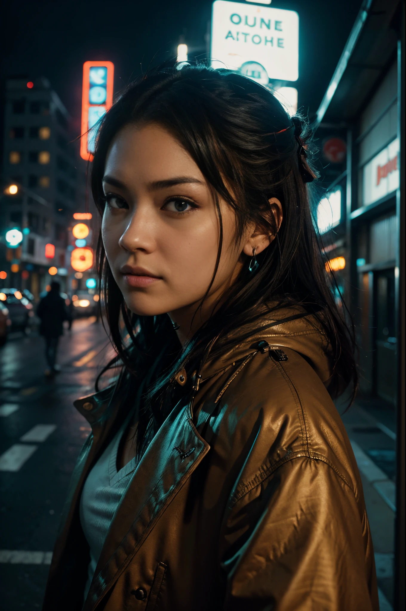 ( masutepiece, Best Quality, Cinematic lighting, Back lighting, side lights, Soft light, Fisheye:1.2 ), High angle overhead POV, ( cyberpunk night street:1.2, Reach toward the overhead camera, Looking at Viewer), Ryujin, Narrow face, strong jaws,  Plump cheeks, Cybernetic arm, Red highlights on black hair, Thug&#39;Smile,  Turquoise eyes, wearing a drip coat