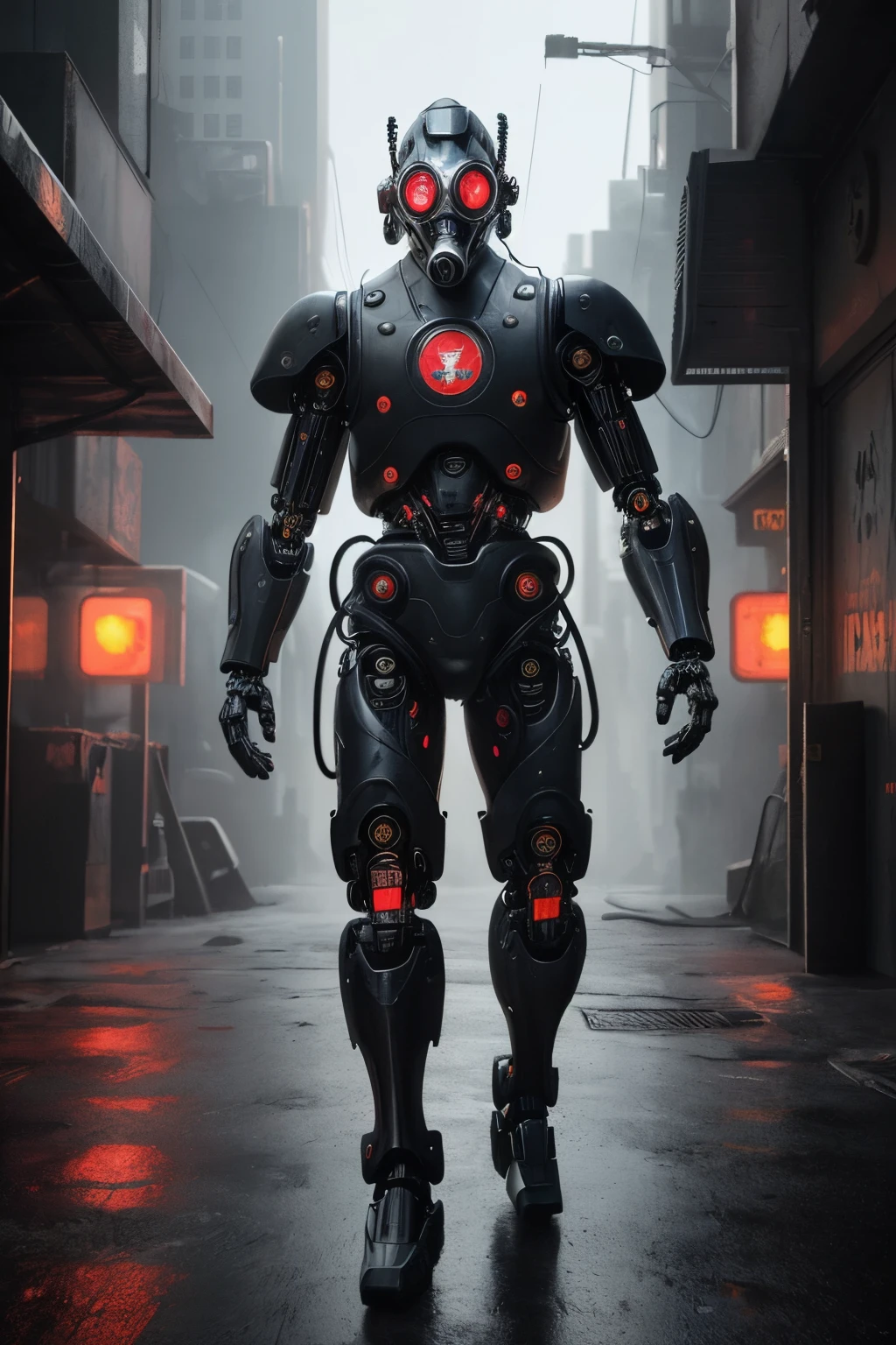stunning artwork, extremely high quality artwork, beautiful artwork, colorful hyperrealism, beeple colors, blue, red, grey, wide shot, (best quality,4k,8k,highres,masterpiece:1.2),ultra-detailed,(realistic,photorealistic,photo-realistic:1.37),HDR,UHD,studio lighting,(masterpiece, full-body shot), (intrincate raw photography),realistic black and red cybernetic man wearing biohazard black and red gas mask, futuristic gas mask, mecha helmet, biohazard logo, tactical techwear, humanoid nano suit, neat and nice character design, vibrant neon color palette, dramatic lighting, highly detailed fur and eyes, 3D rendered illustration, high-res masterpiece:1.2, sci-fi Cyberpunk city ,setting