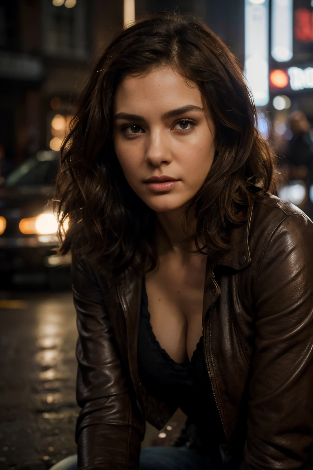 Breathtaking cinematic photo of a 30 year old girl with brown hair and eyes, angry, leather jacket, black clothes, black dress shirt, shirt, jeans, beautiful lips, intricate details, shallow depth of field, highly detailed Hollywood film and high-budget, epic, beautiful, masterpiece, award-winning, professional, highly detailed, detailed skin texture, (blush: 0.5), (goosebumps: 0.5). (the most beautiful woman in the world) (brown hair) (short curly hair, unruly hair, stylish cut) thin face, thin nose, beautiful, very beautiful, perfect face, slender body (slender), (brown hair) (brown eyes) (white skin) Beautiful body, western face, predatory eyes, pink lips, thick thighs. full body, western beauty, thin nose, beautiful, perfect, ((best quality)), ((ultra resolution)), ((photorealistic: 1.4)), (intricate details), perfect face, makeup: 1.5 , clear face, facial details. front view (poster scene, film scene) (action, combat, explosion in the background, shooting) night, dark, gun in hand.