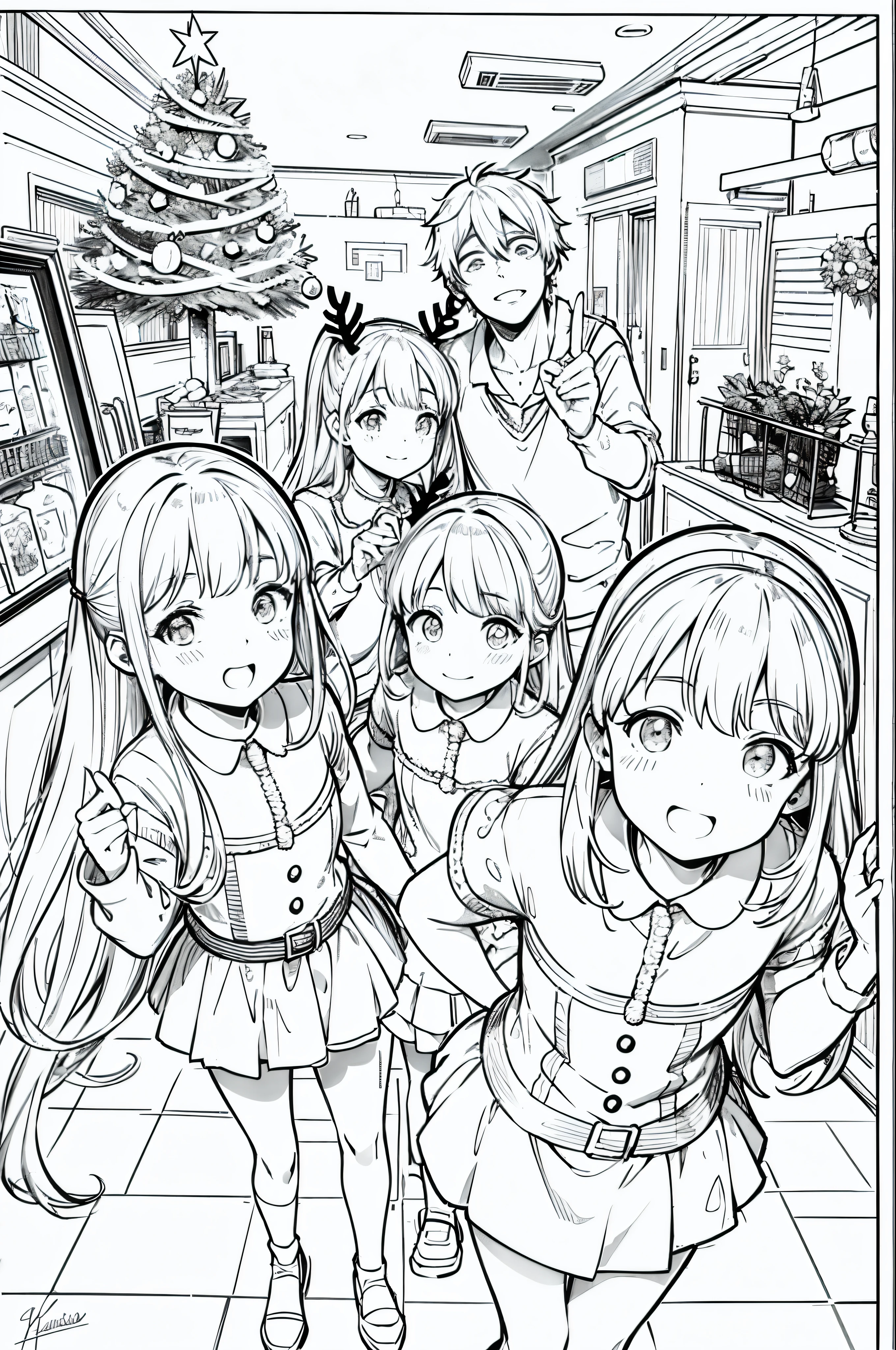 Christmas party, line art, no text, rule of thirds, harmony, fun, sketch, family fun