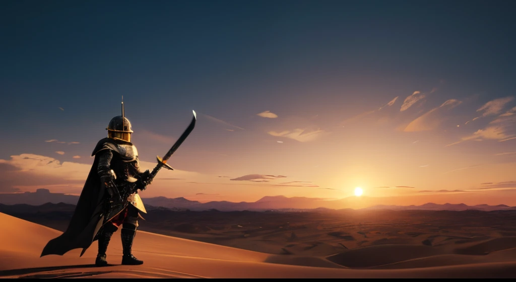 Desert landscape, knight, one sword in hand, cape blowing in the wind, knight's helmet on the head, roman helmet style, skeleton face, high quality, fantasy, full silhouette, red end yellow gradient sky, fantasy castle in the bacground, gient  flying dragon on the sky, second sword onthe back