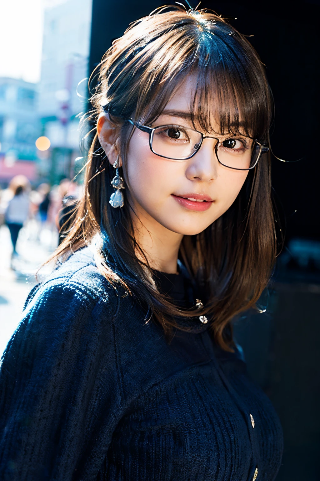 (8K、Raw photography、top-quality、masterpiece:1.2)、(realisitic、Photorealsitic:1.37)、ultra-detailliert、超A high resolution、1人、see the beholder、beautifull detailed face、A smile、Constriction、(Slim waist) :1.3)、((Light blue shirt clothes Beautiful delicate skin、Skin Texture、Floating hair、((Hair bunched into one))、large breasts with good shape、Professional Lighting、In front of the station at noon、((Black square glasses))、Whole human body、Brown hair、((I'm on the phone))、