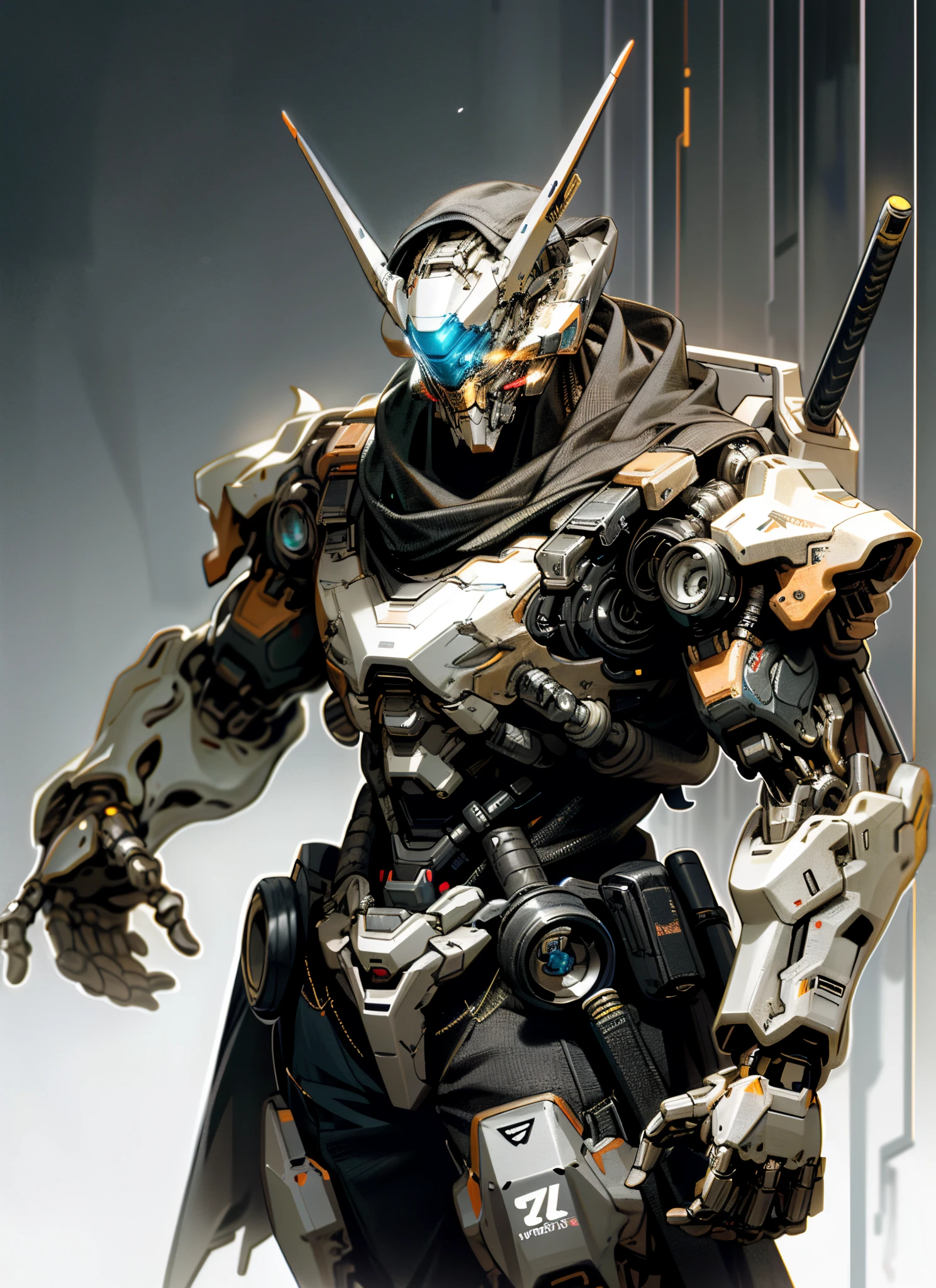 Dark_Fantasy,Cyberpunk, (Best quality, Masterpiece),Blue,1man,Overwatch,Robotic presence,Cybernetic guardian,wearing a Ruined scarf, cybernatic sword, desert, highest quality digital art, Stunning art, wallpaper 4k, highly detailed, military robot,army, warzone,black and white, highest quality digital art, Stunning art, wallpaper 4k,8k,64k, HD, unparalleled masterpiece, dynamic lighting, cinematic, epic, burned mechanical parts
