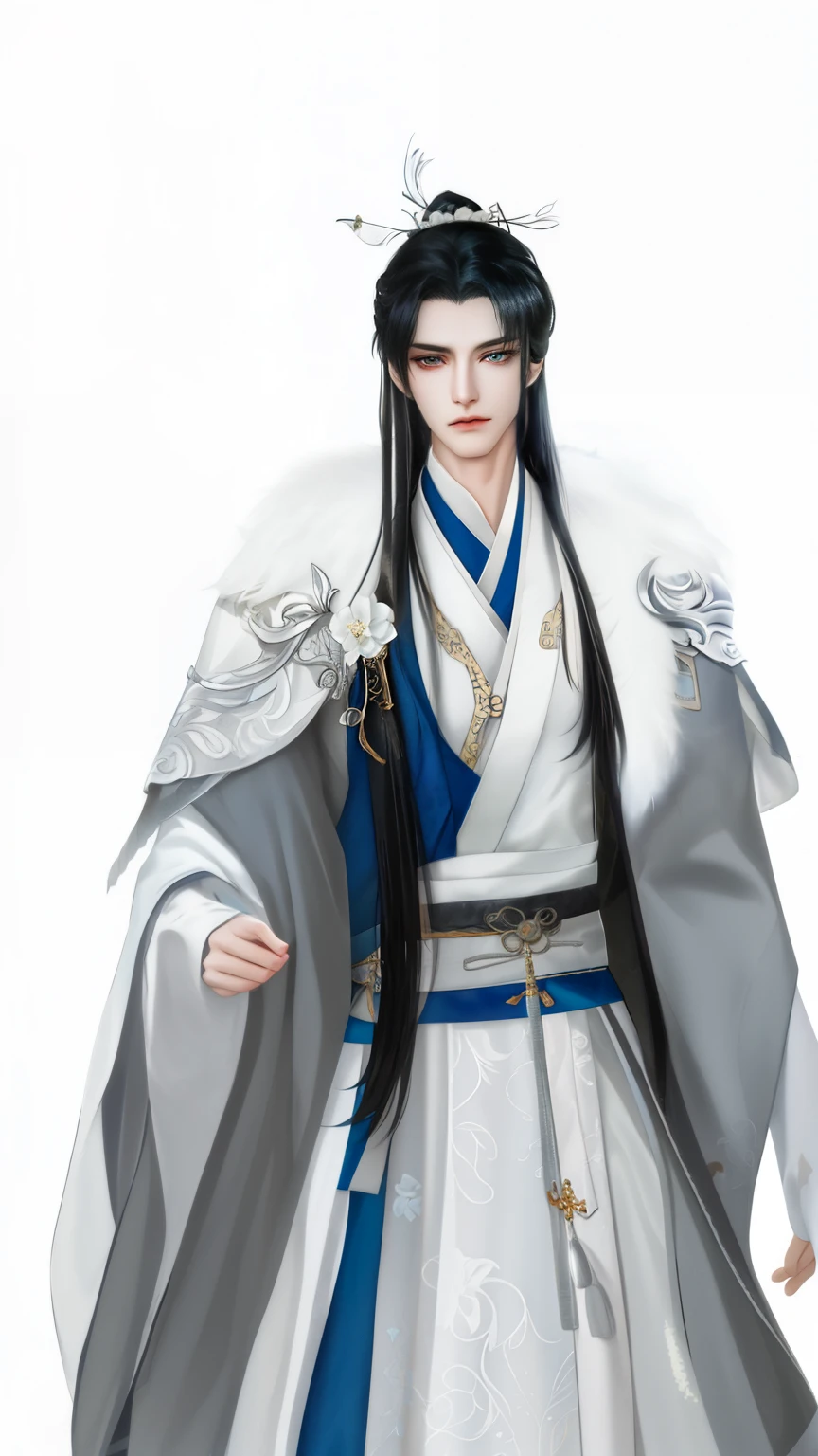 Wallpaper of a man wearing white and gray clothes, heise jinyao, inspired by Guan Daosheng, Inspired by Bian Shoumin, Beautiful prince, inspired by Zhang Han, The exquisite prince, inspired by Wu Bin, full body xianxia, author:heroes, zhao yun, inspired by Zhao Yuan,Gray mink collar,Eye focus,sharp look,white backgrounid,
