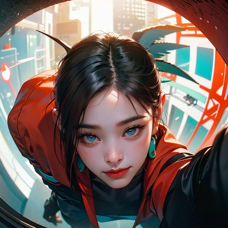 ( Masterpiece, best quality, photography , cinematic lighting, backlit, side light, soft light, bird eye view, 3.6mm lens, depth of field, fisheye:1.2 ), ((pov from above:1.4)), ( cyberpunk night club:1.5, extending hand towards viewer overhead ), ryujin, ( narrow face, strong jaw, plump cheeks, cybernetic arm, dark hair with red highlights, thug smile, turquoise eyes, wearing drip ootd )